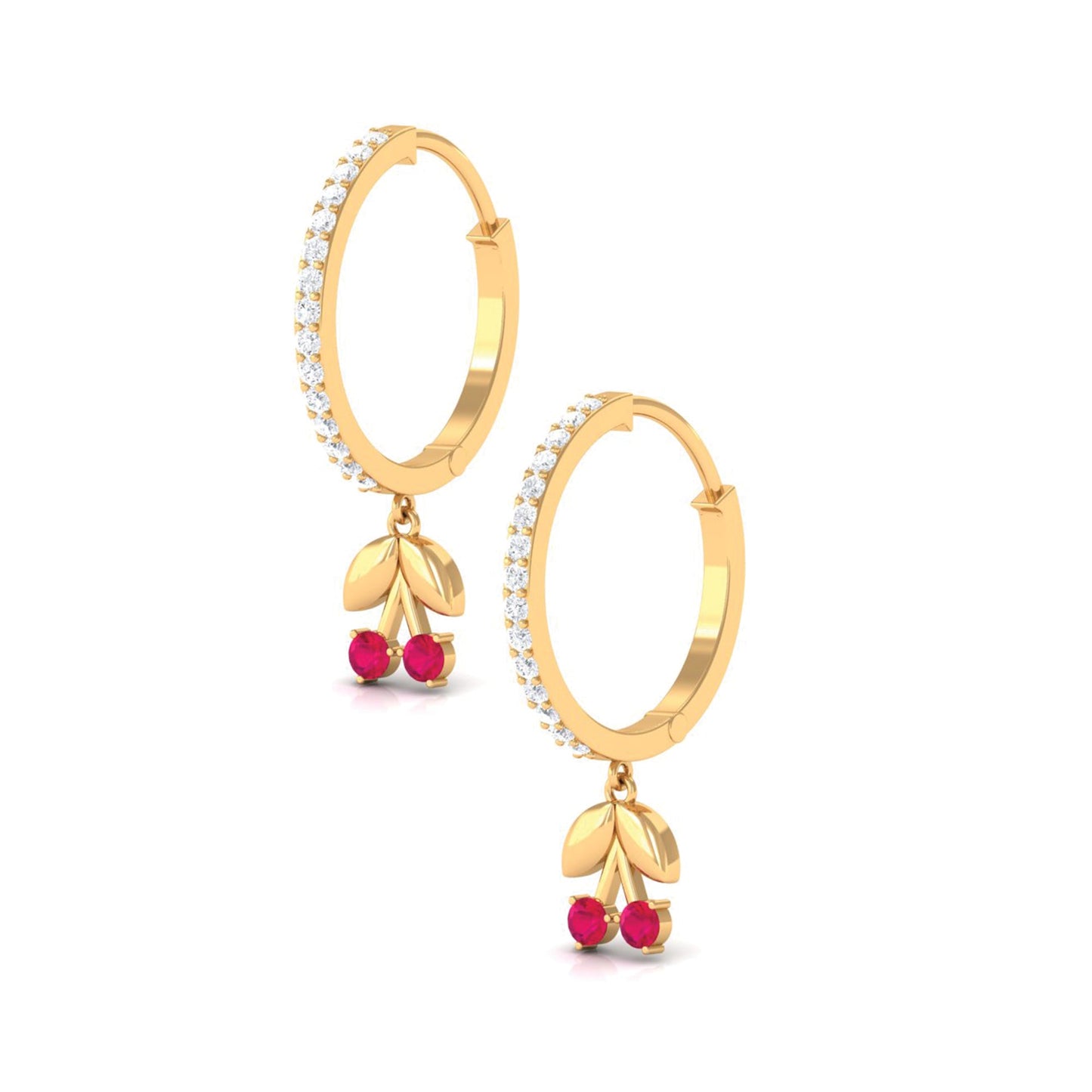 Natural Ruby Cherry Drop Hoop Earrings with Diamond