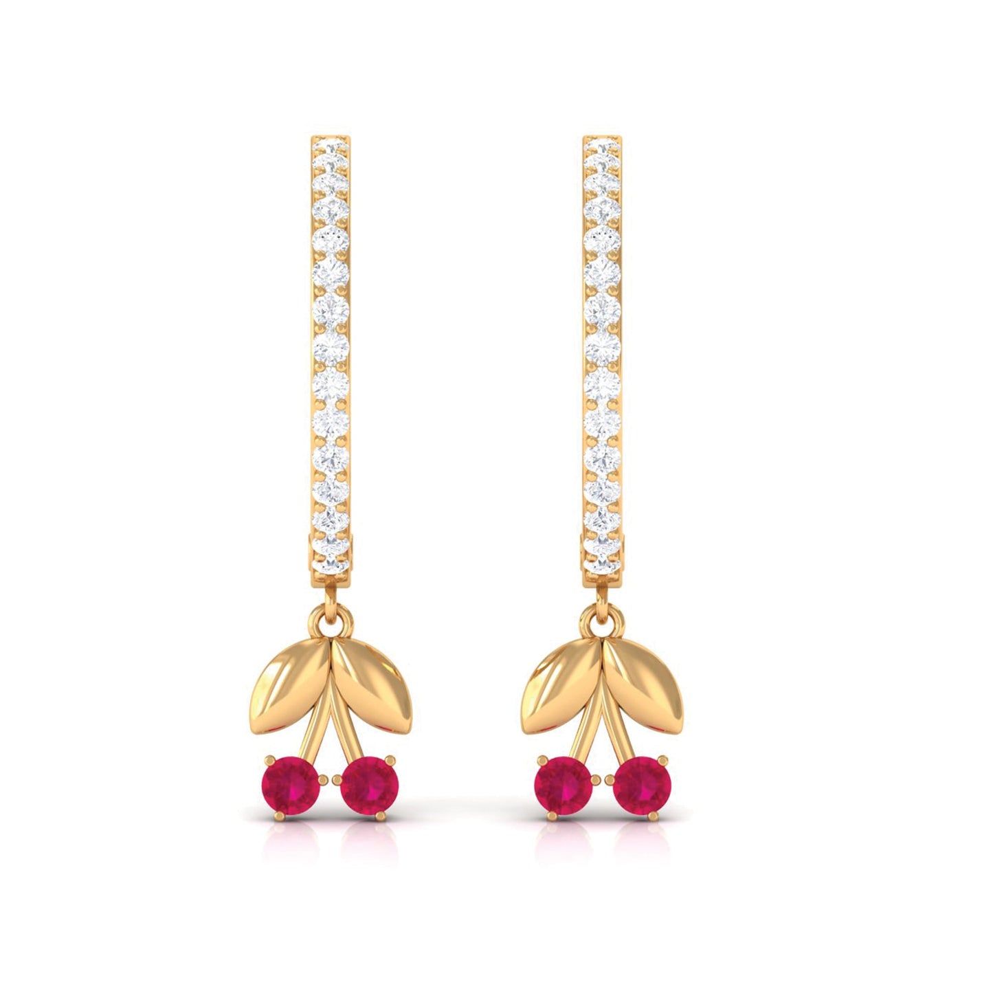 Natural Ruby Cherry Drop Hoop Earrings with Diamond