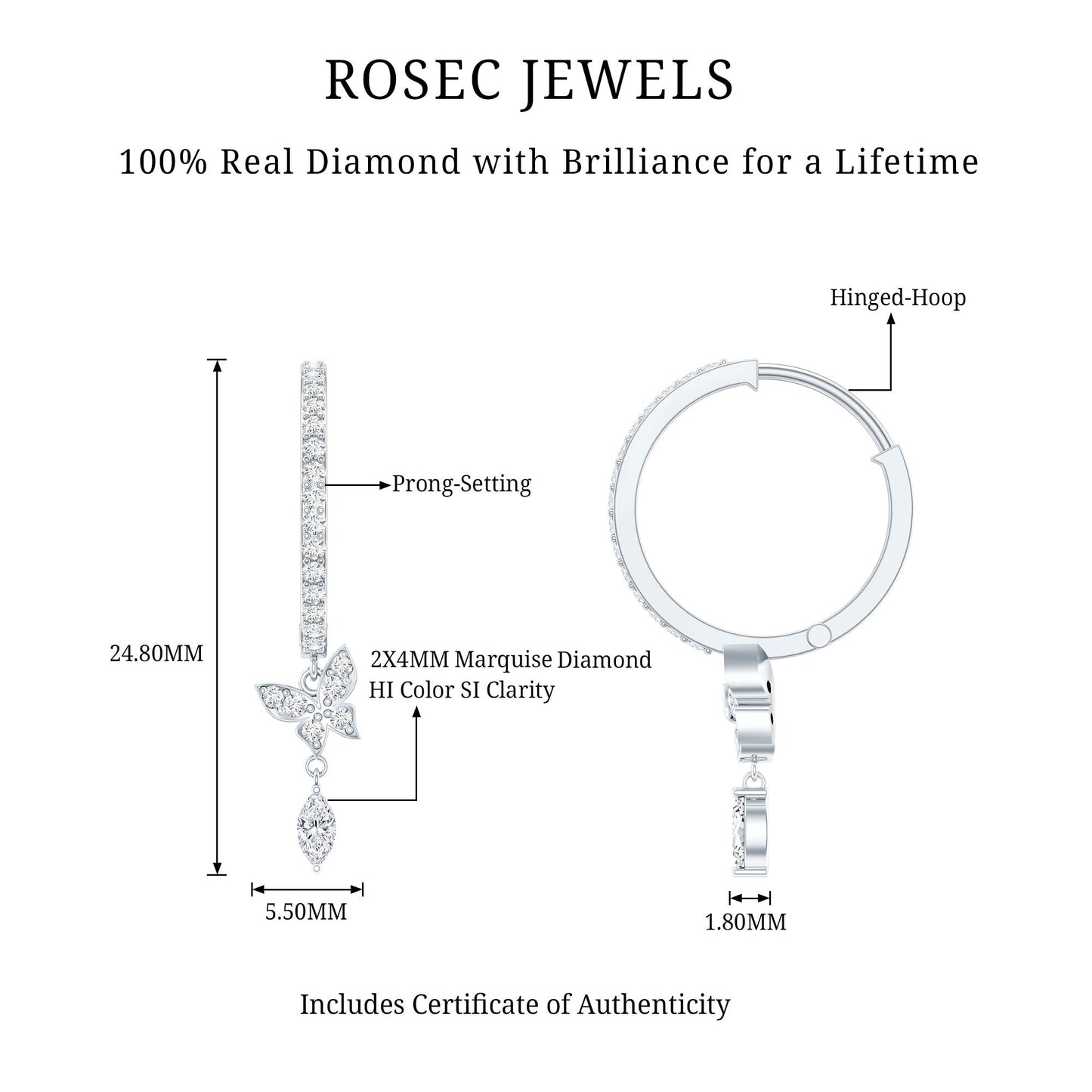 Natural Diamond Butterfly Hoop Earrings for Women
