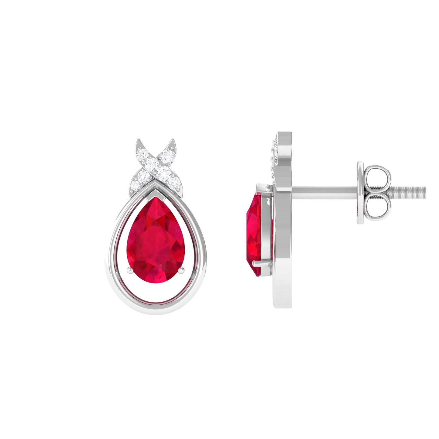 Lab Created Ruby Teardrop Stud Earrings with Diamonds