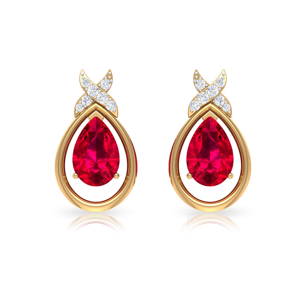 Lab Created Ruby Teardrop Stud Earrings with Diamonds