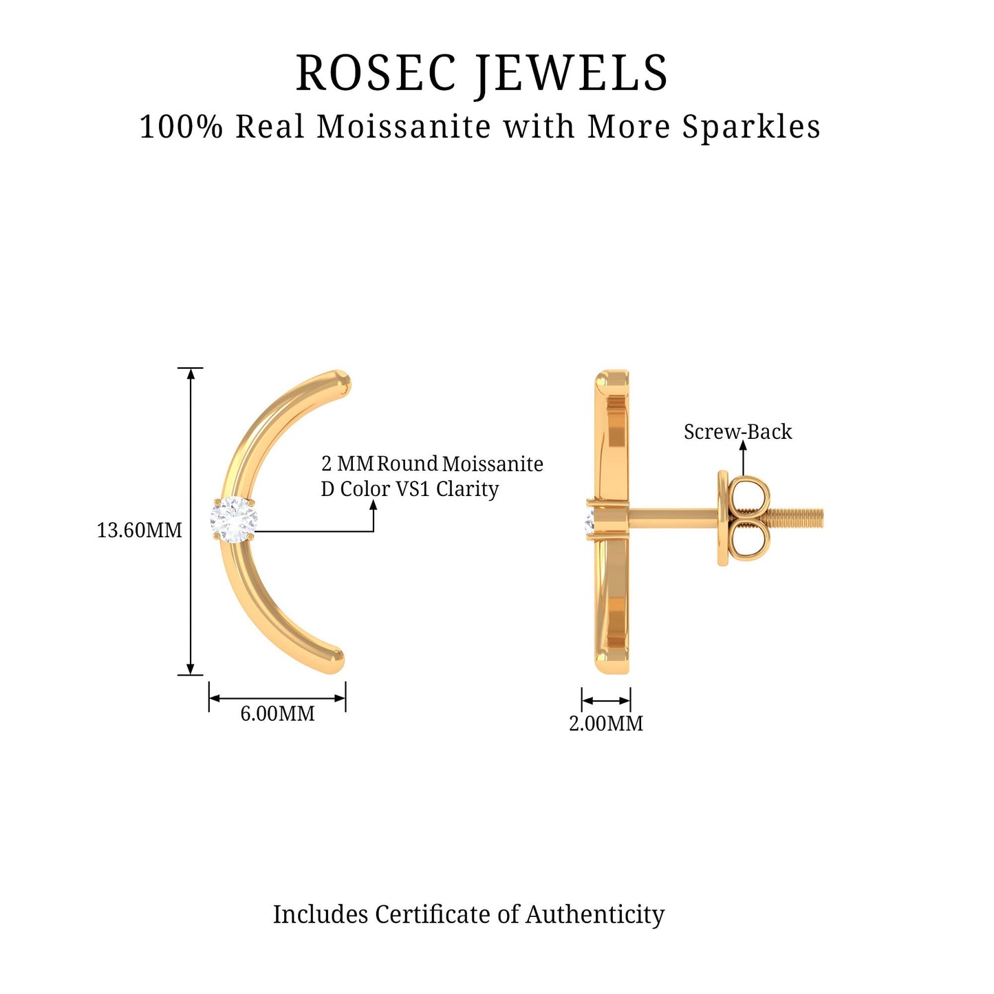 Certified Moissanite Curved Stud Earrings