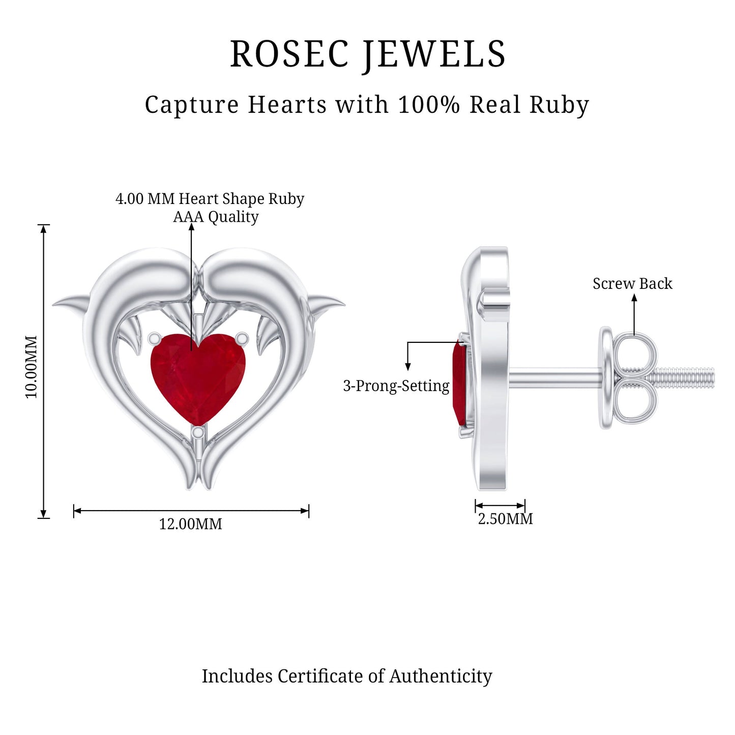 0.94 Carat Heart Shape Ruby Dolphin Stud Earrings