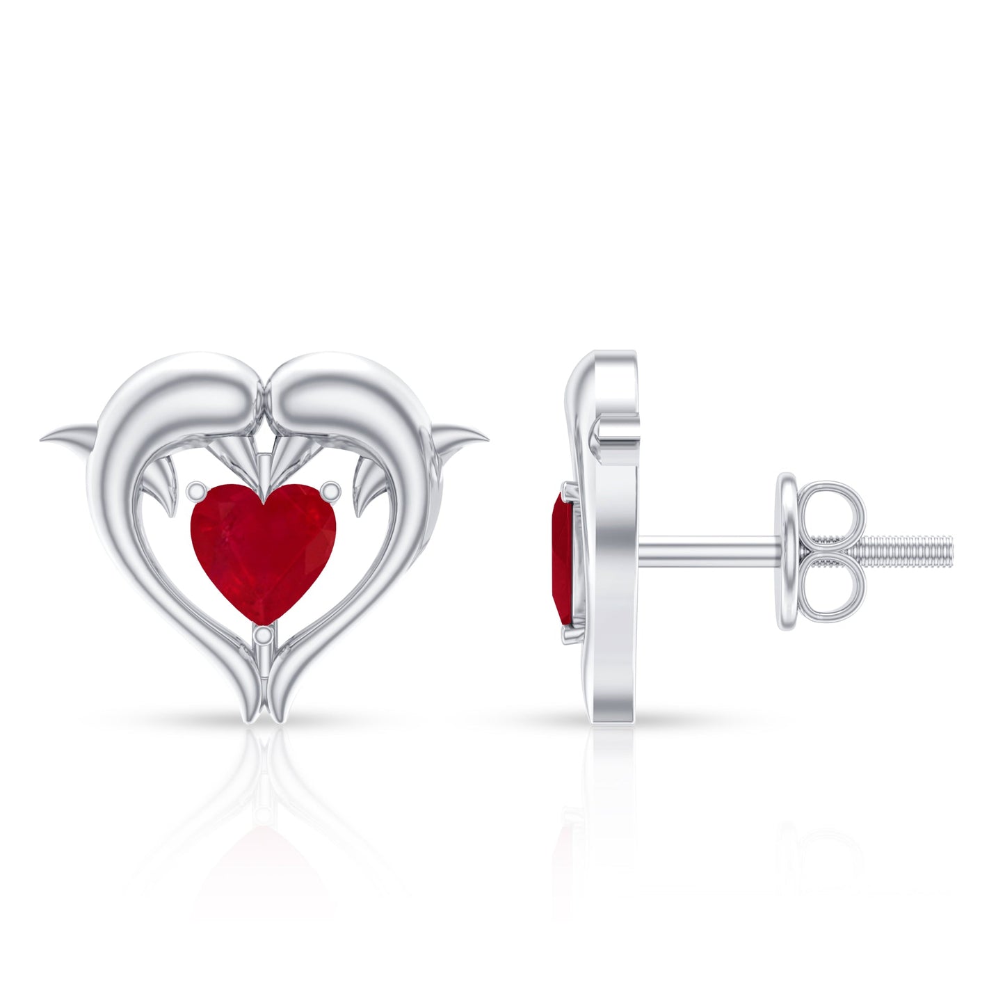 0.94 Carat Heart Shape Ruby Dolphin Stud Earrings