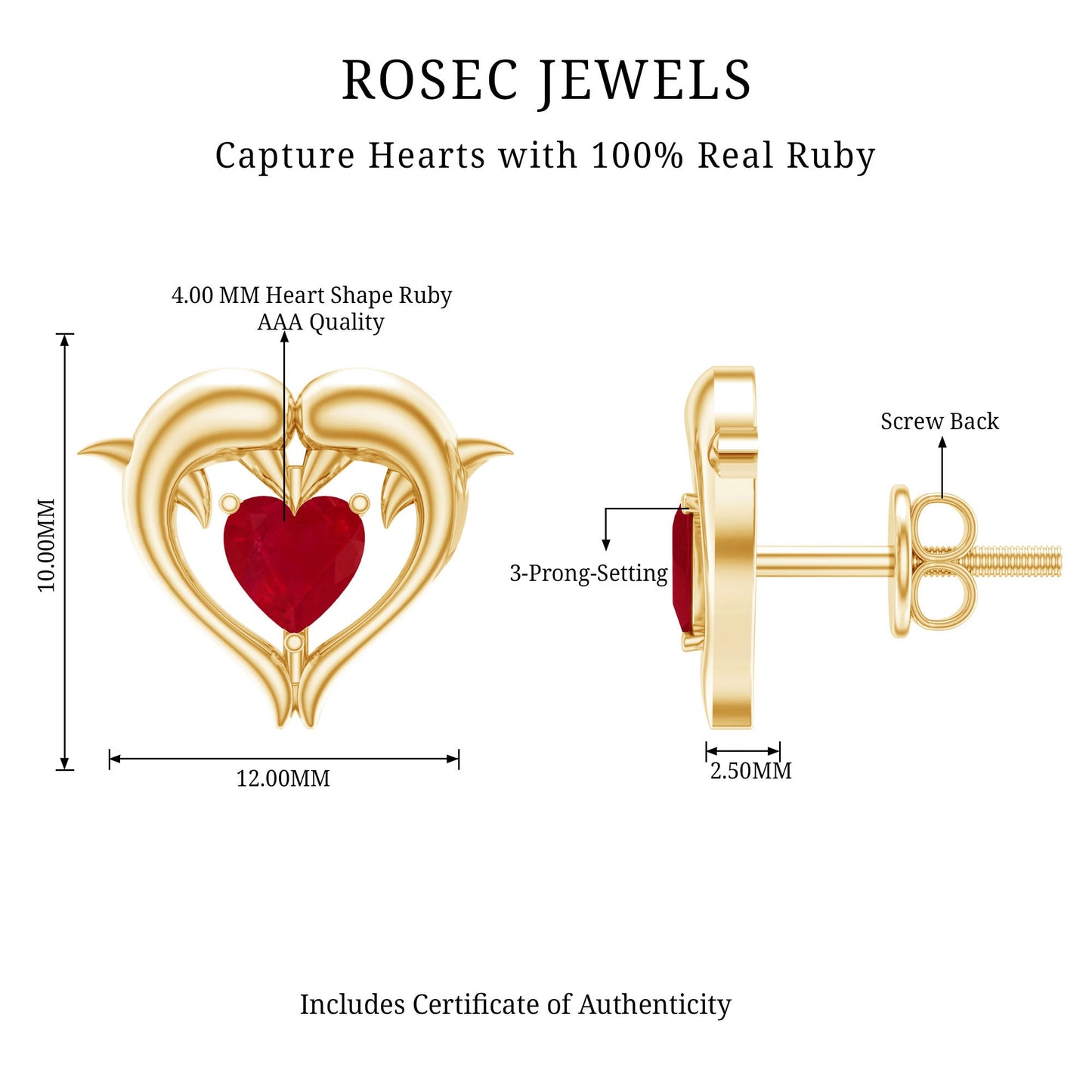 0.94 Carat Heart Shape Ruby Dolphin Stud Earrings
