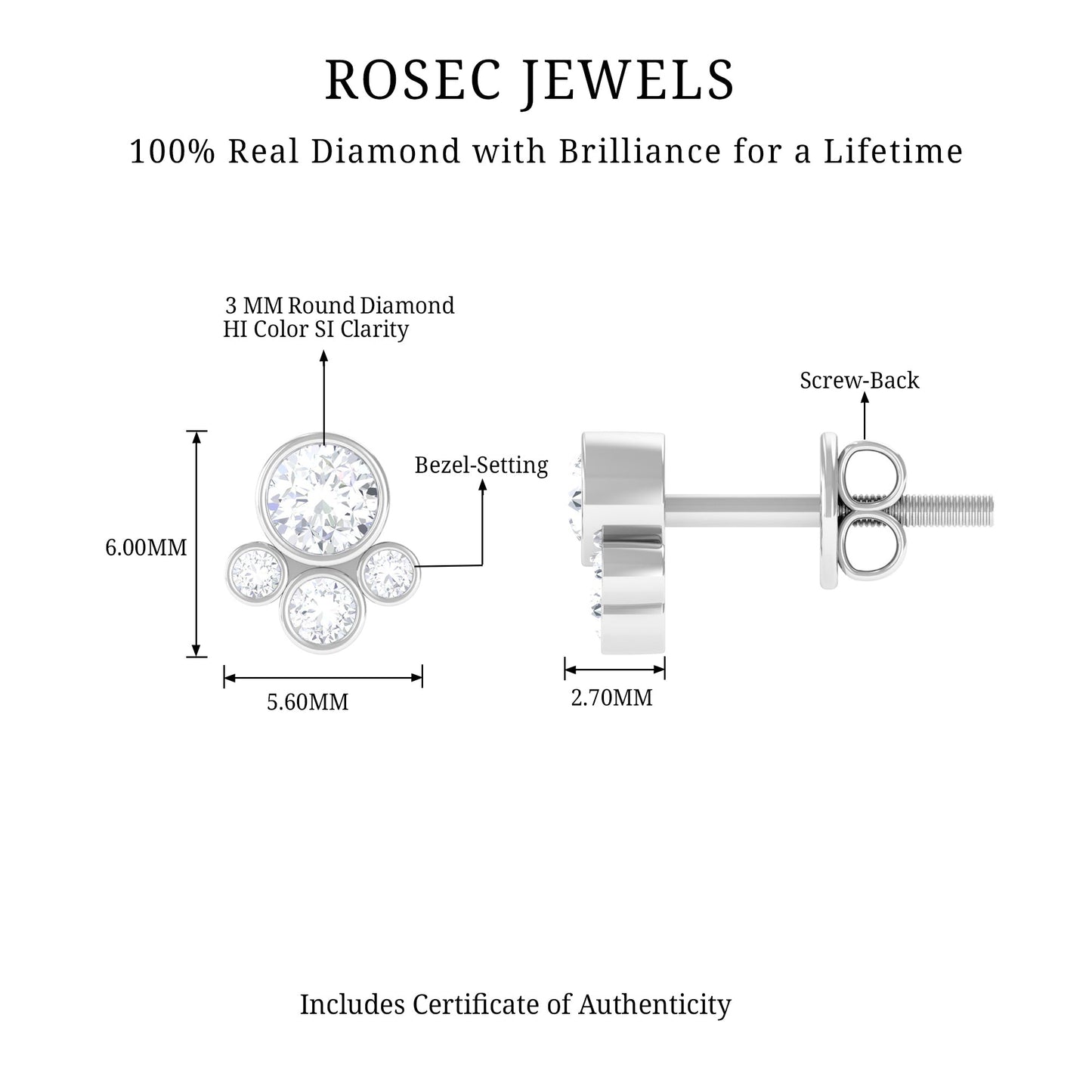 Bezel Set Real Diamond Cluster Stud Earrings with Screw Back