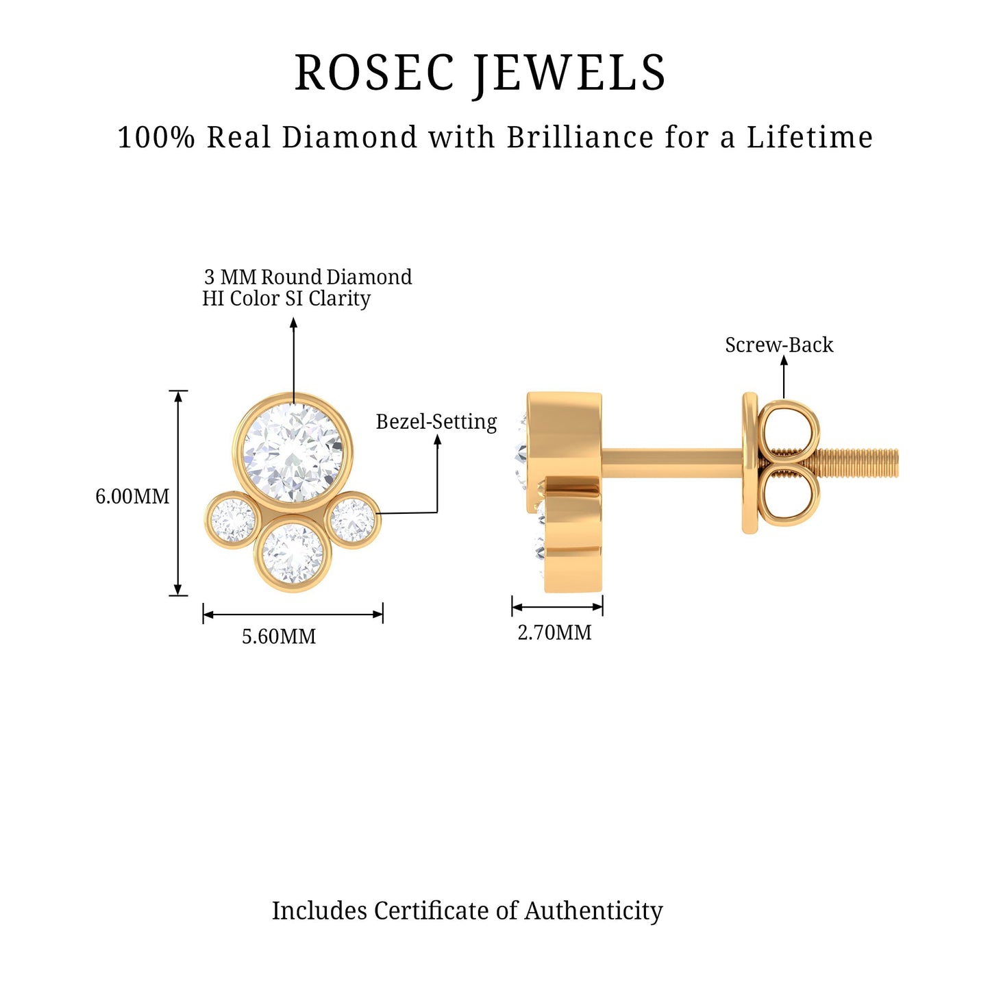 Bezel Set Real Diamond Cluster Stud Earrings with Screw Back