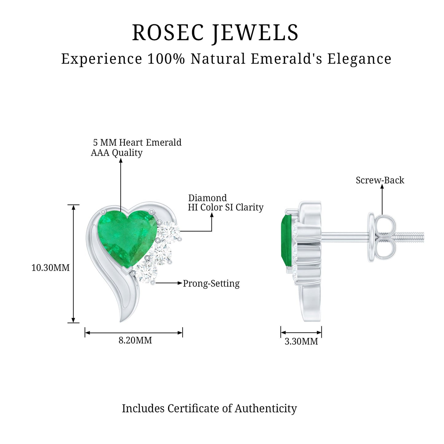 Real Emerald and Diamond Heart Stud Earrings