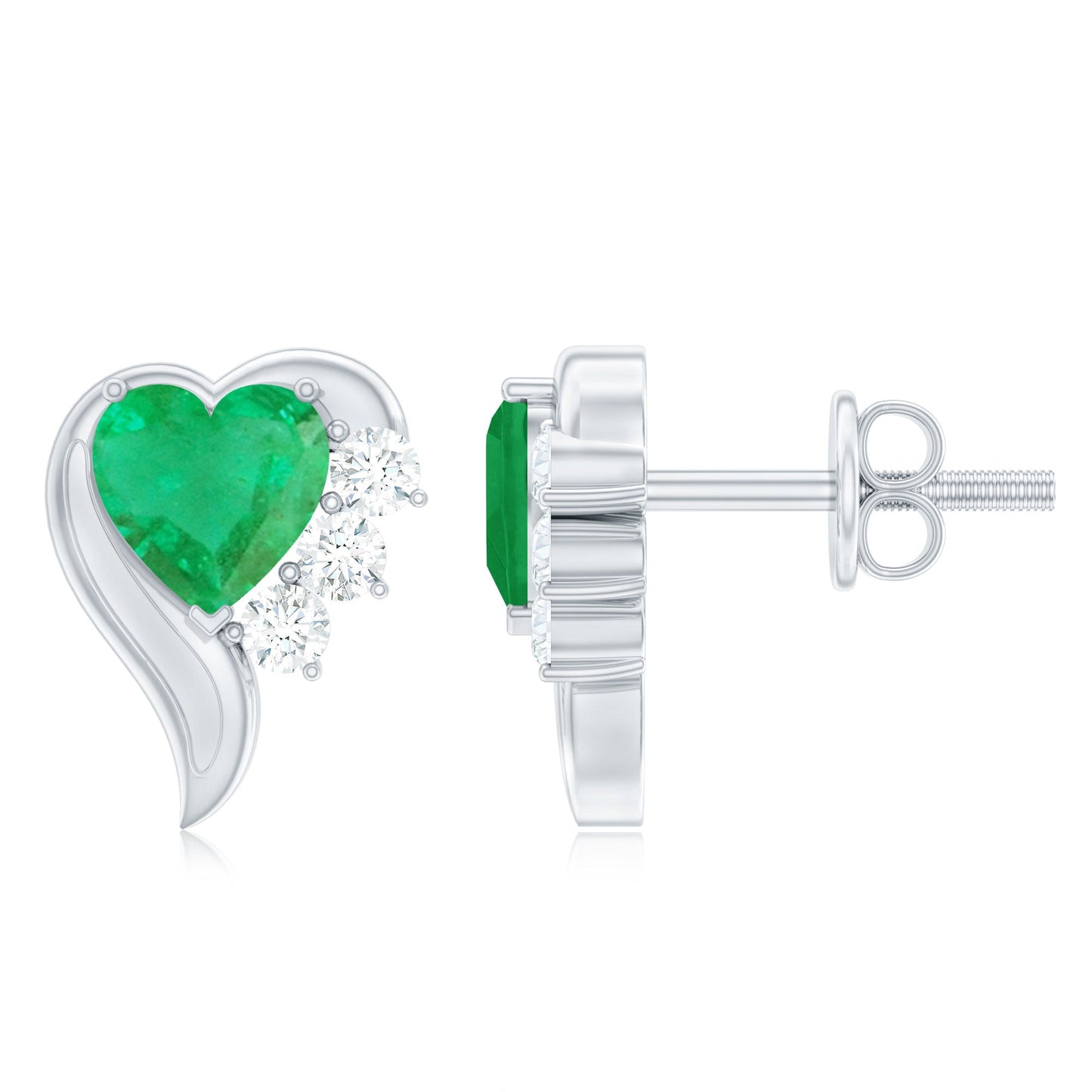 Real Emerald and Diamond Heart Stud Earrings