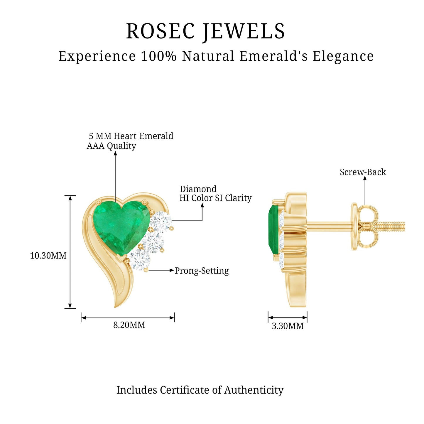 Real Emerald and Diamond Heart Stud Earrings