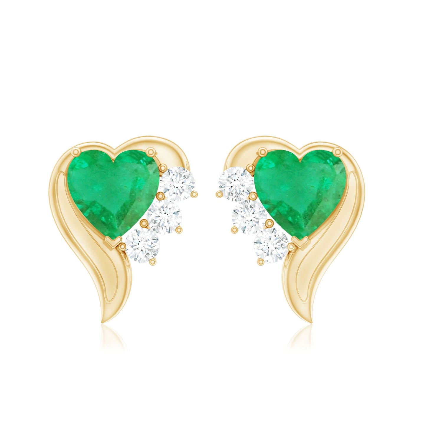 Real Emerald and Diamond Heart Stud Earrings