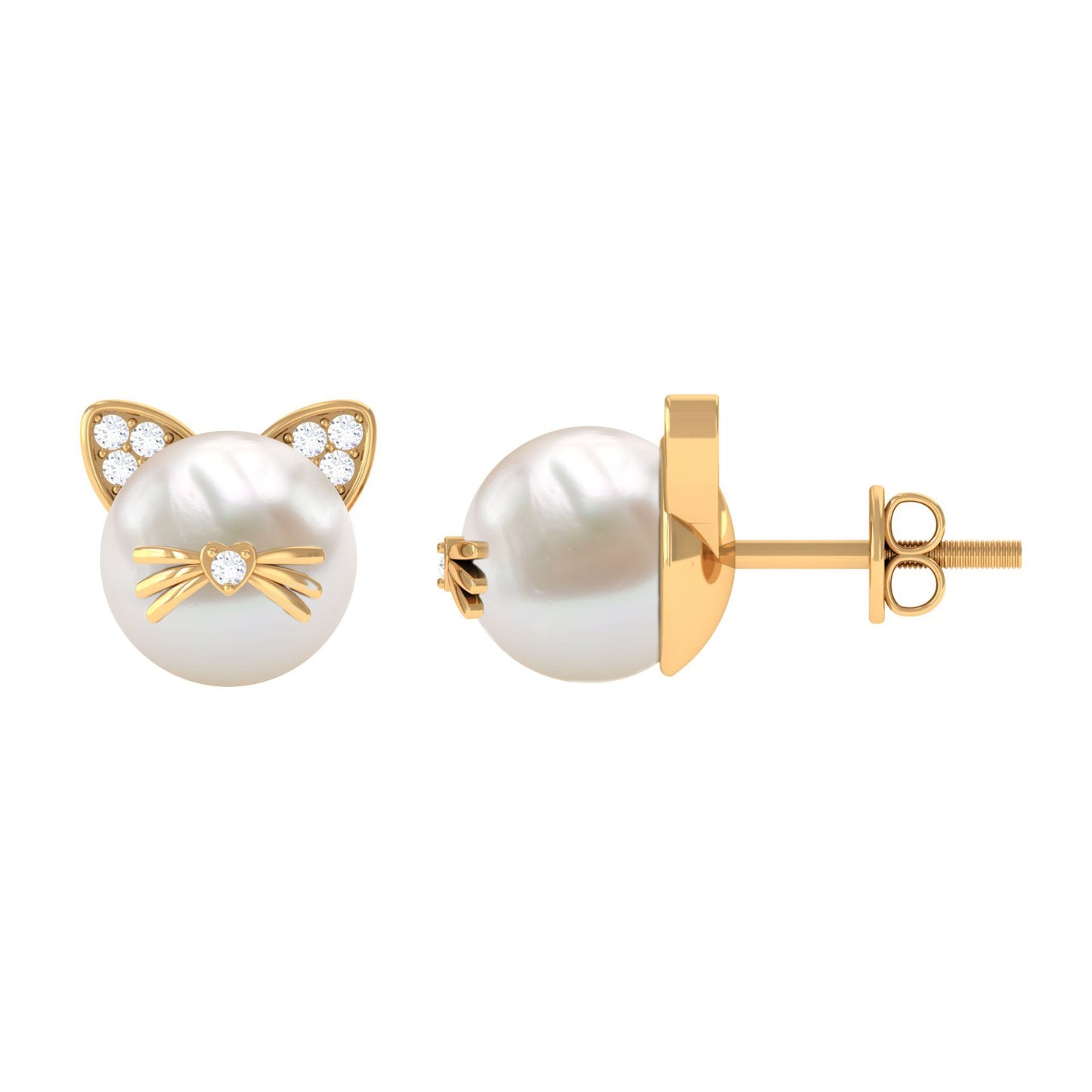 14.9 Carat Freshwater Pearl and Diamond Kitten Stud Earrings