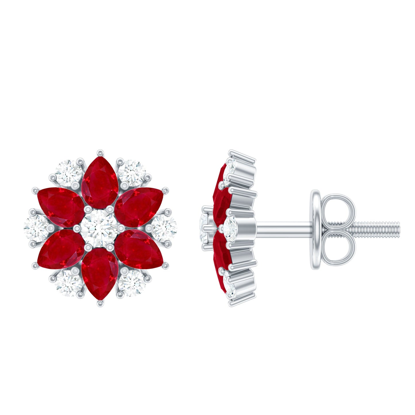 Pear Cut Ruby and Diamond Vintage Flower Earrings
