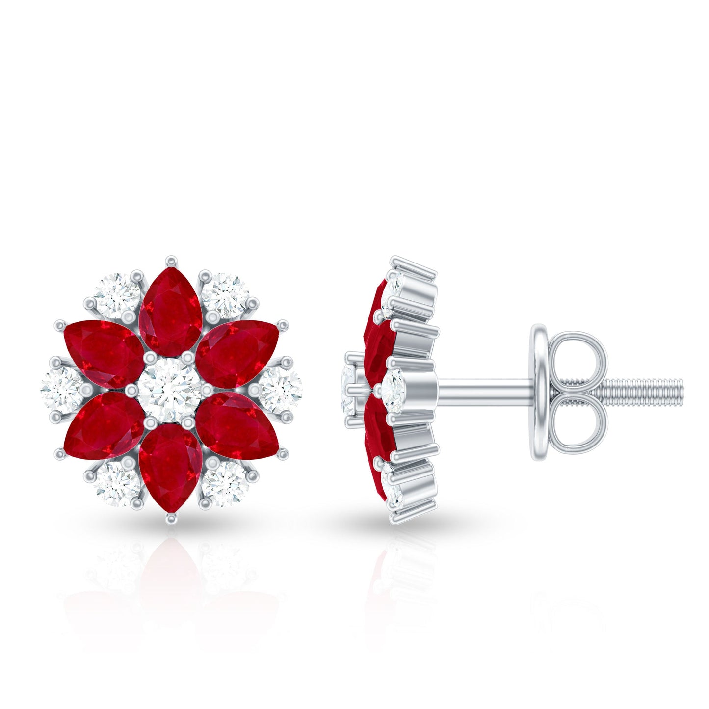 Pear Cut Ruby and Diamond Vintage Flower Earrings