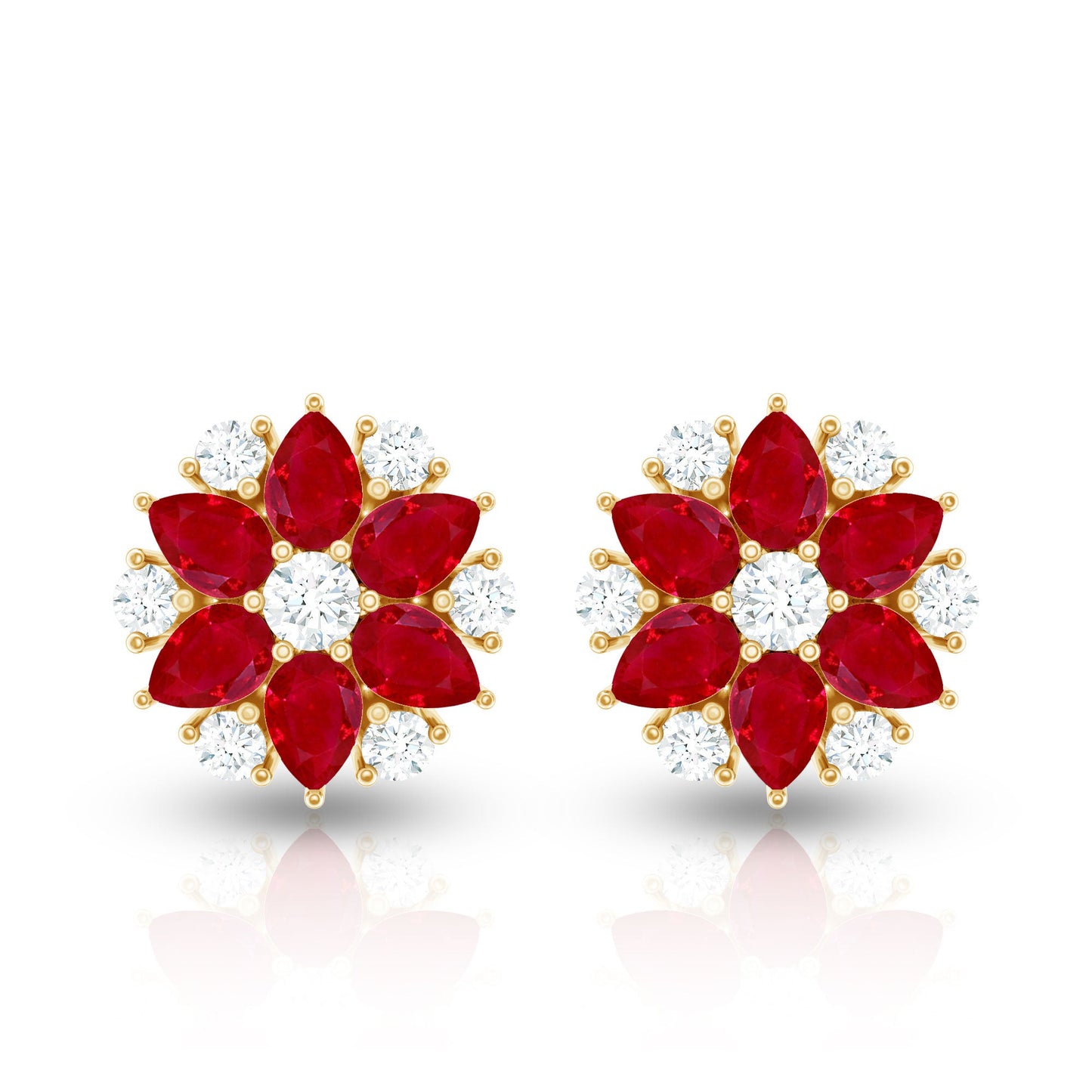 Pear Cut Ruby and Diamond Vintage Flower Earrings