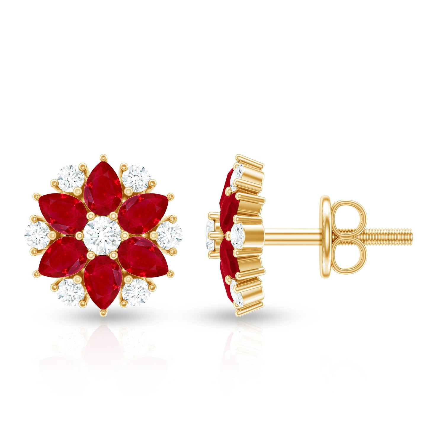 Pear Cut Ruby and Diamond Vintage Flower Earrings