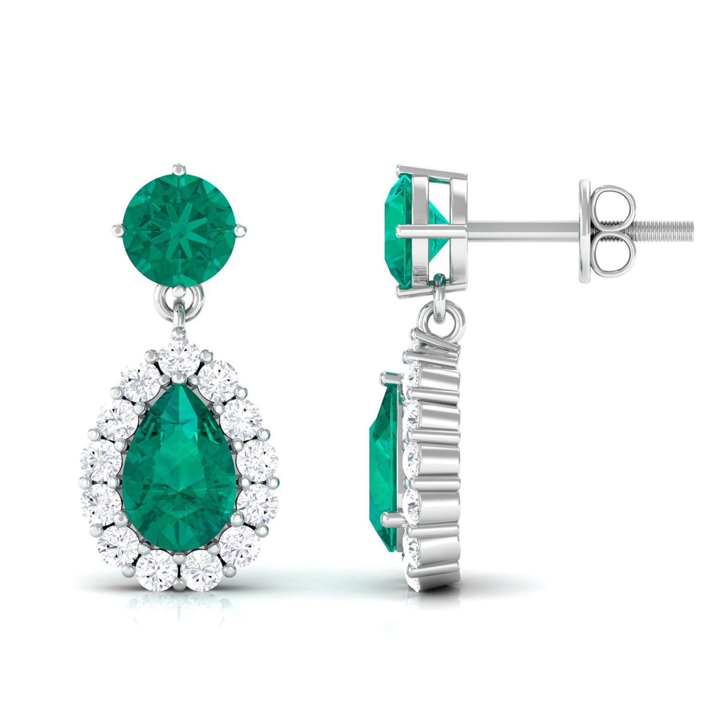 Natural Emerald Teardrop Earrings with Diamond Halo