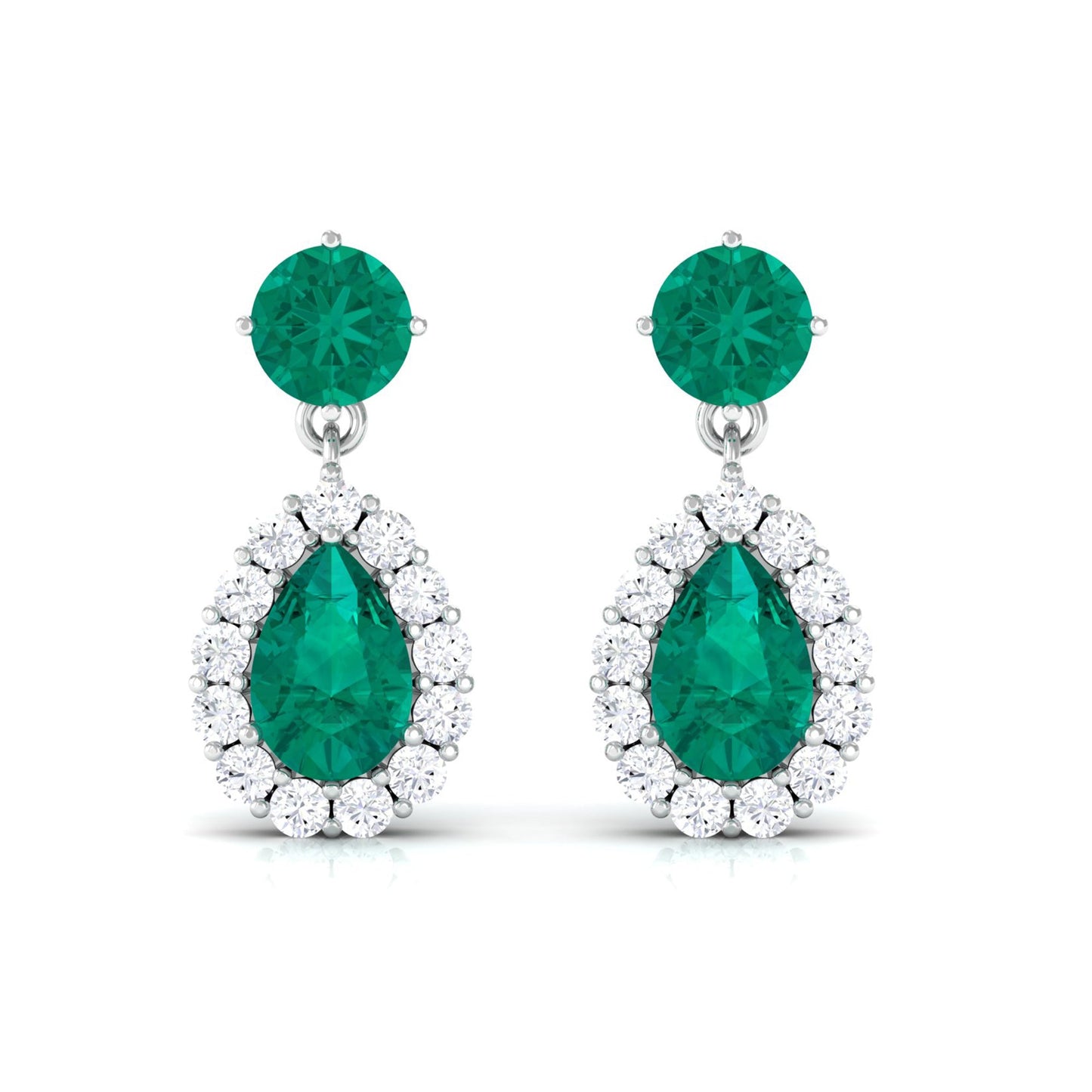 Natural Emerald Teardrop Earrings with Diamond Halo