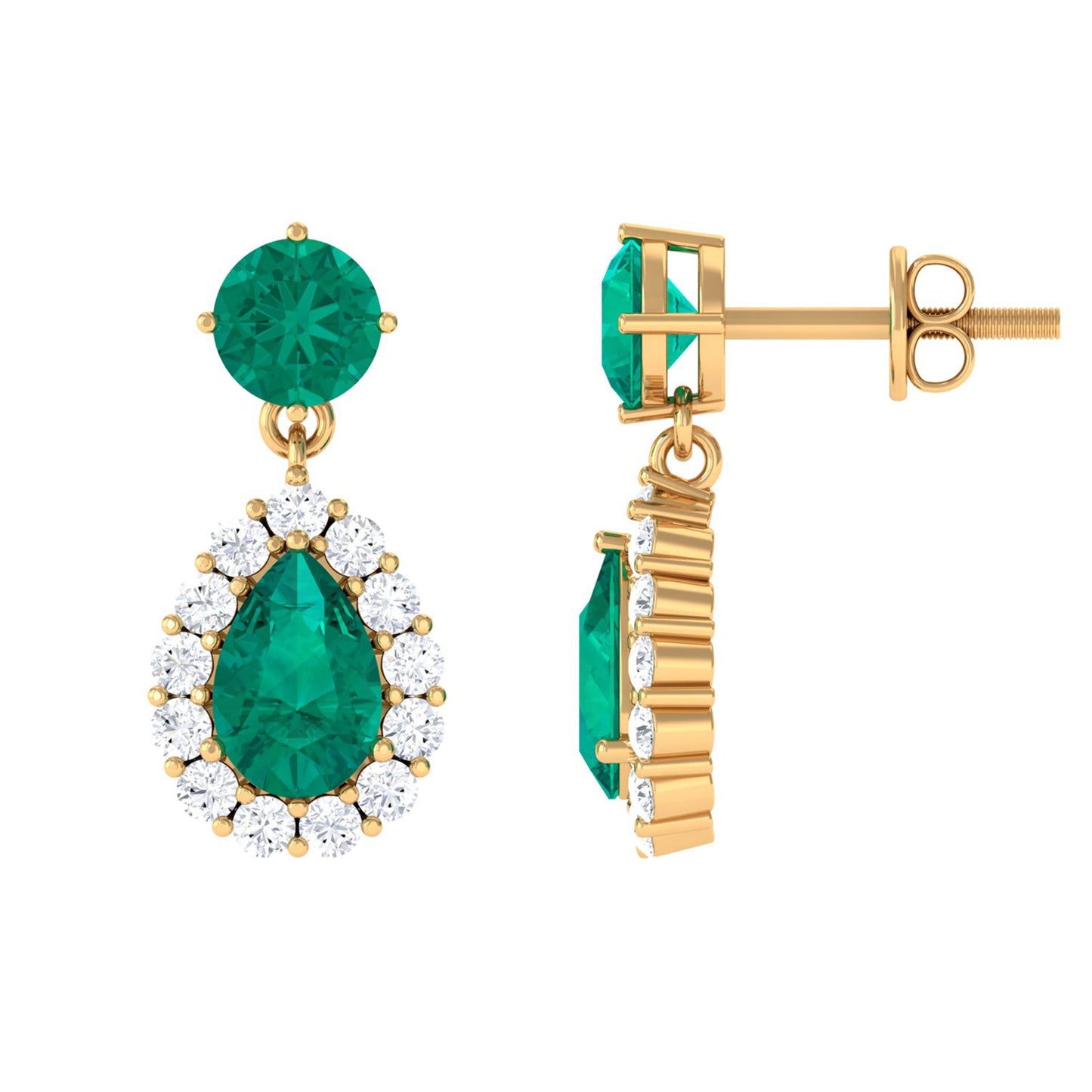 Natural Emerald Teardrop Earrings with Diamond Halo