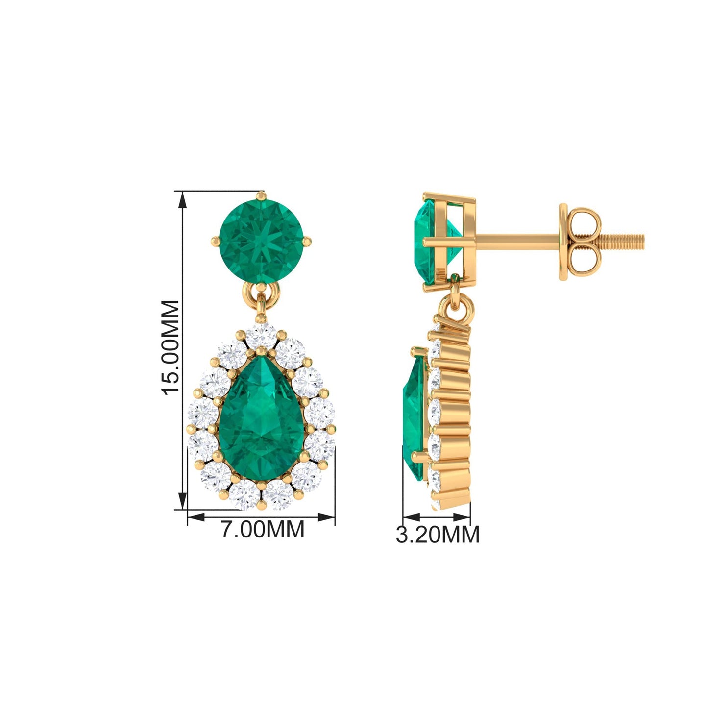 Natural Emerald Teardrop Earrings with Diamond Halo