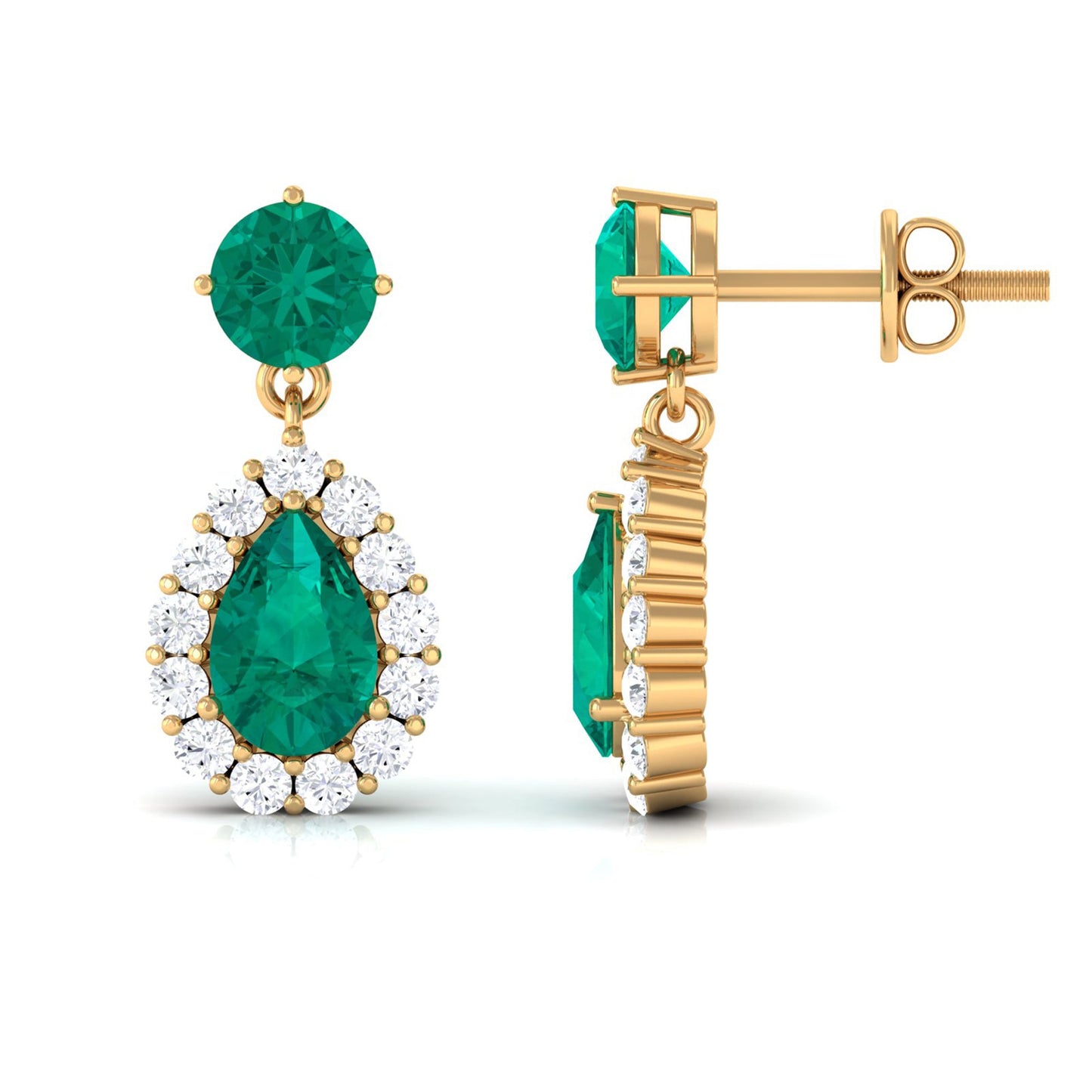 Natural Emerald Teardrop Earrings with Diamond Halo