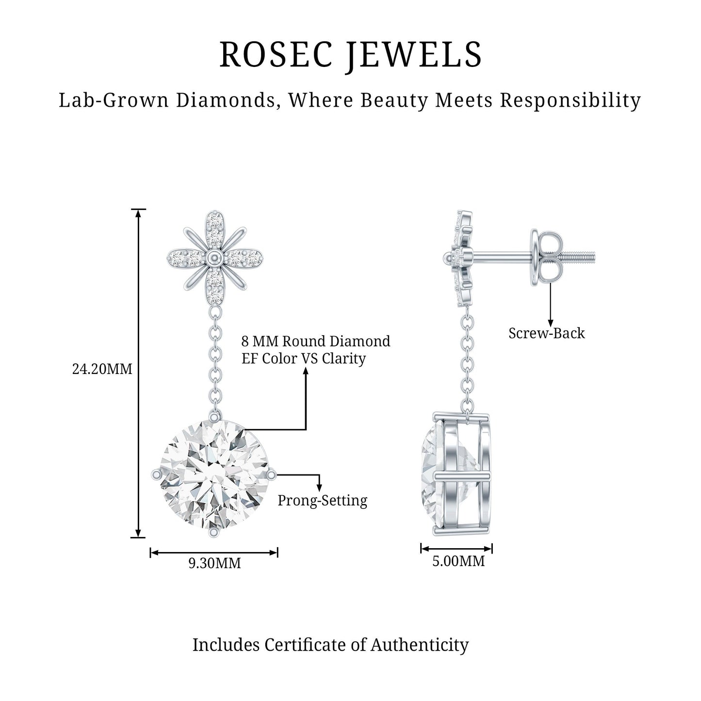 Certified 4 Carat Round Lab Grown Diamond Flower Dangle Earrings