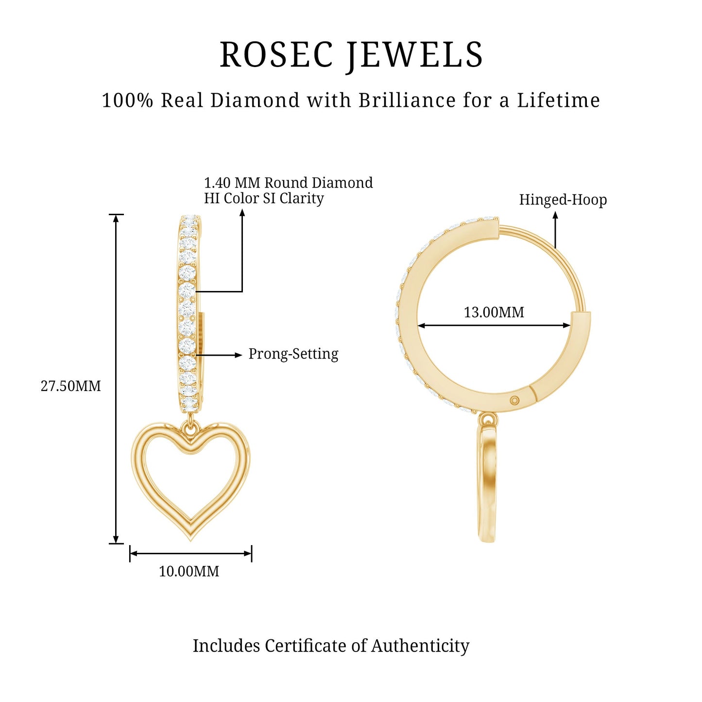 Genuine Diamond Heart Drop Earrings Hoop