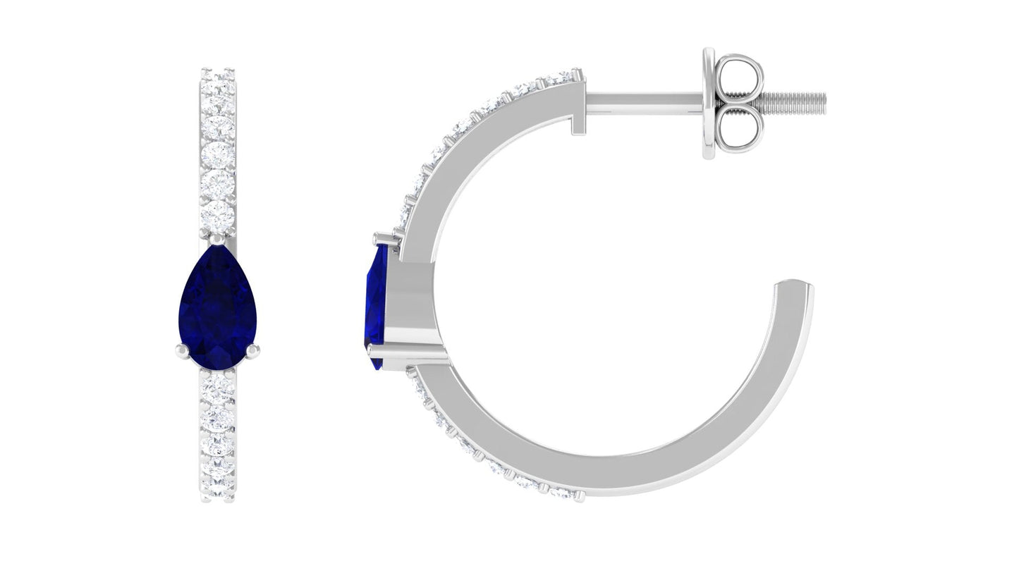 0.6 Carat Pear Cut Blue Sapphire and Diamond Hoop Earrings