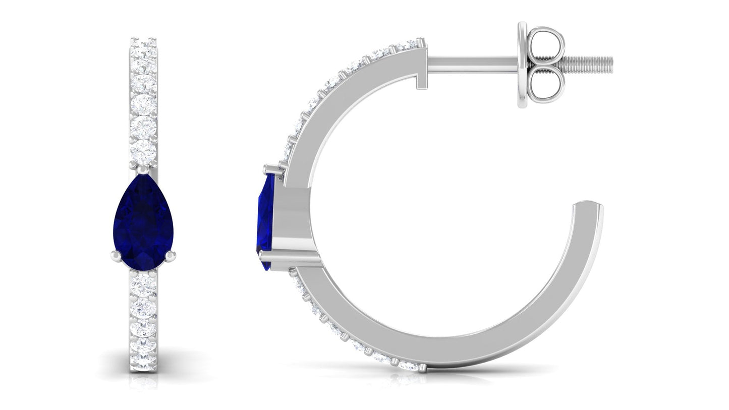 0.6 Carat Pear Cut Blue Sapphire and Diamond Hoop Earrings