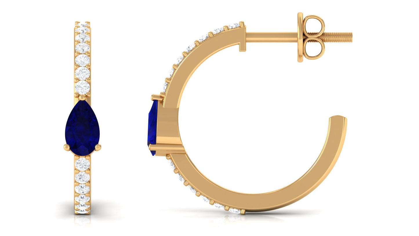 0.6 Carat Pear Cut Blue Sapphire and Diamond Hoop Earrings