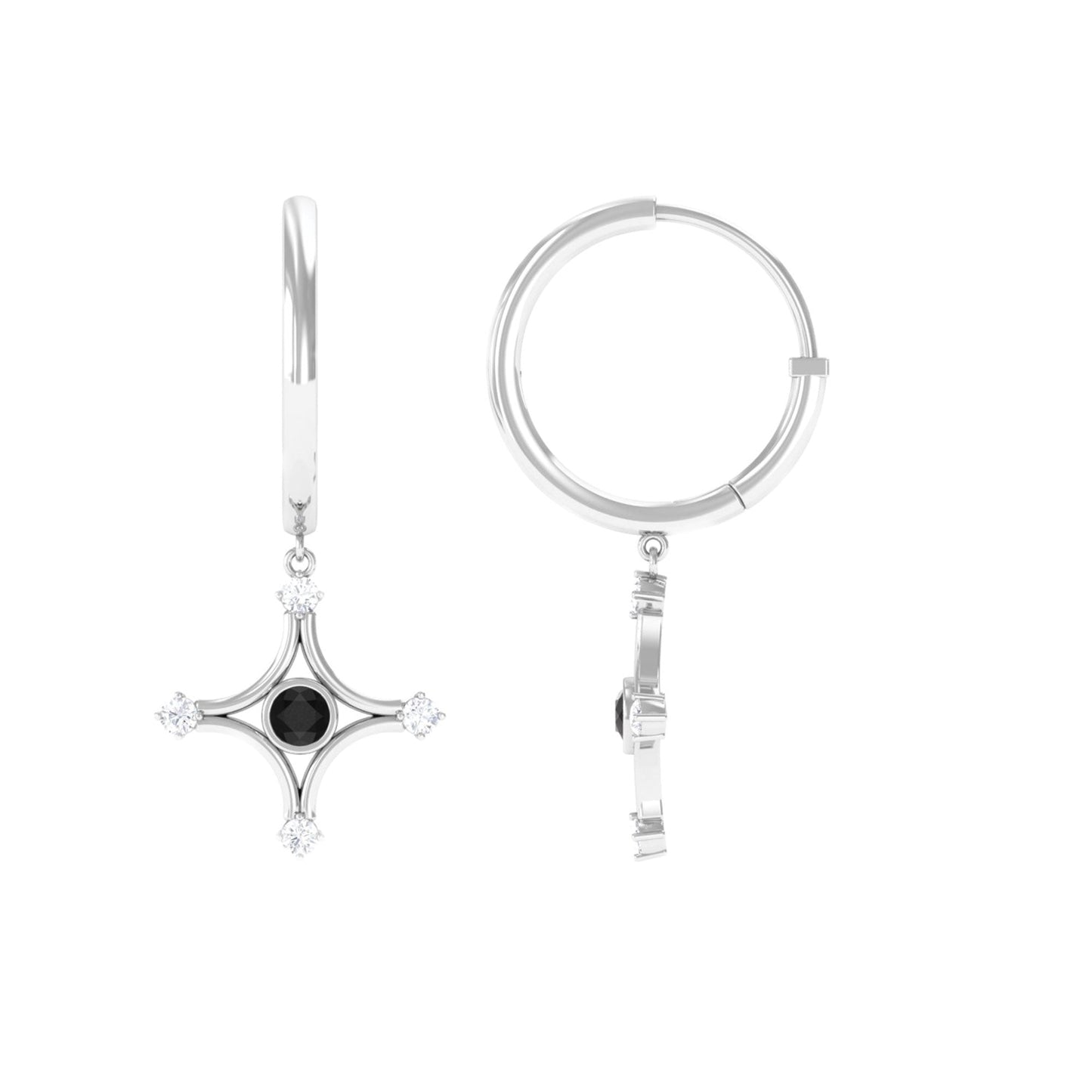 Lab Created Black and White Diamond Star Dangle Hoop Earrings