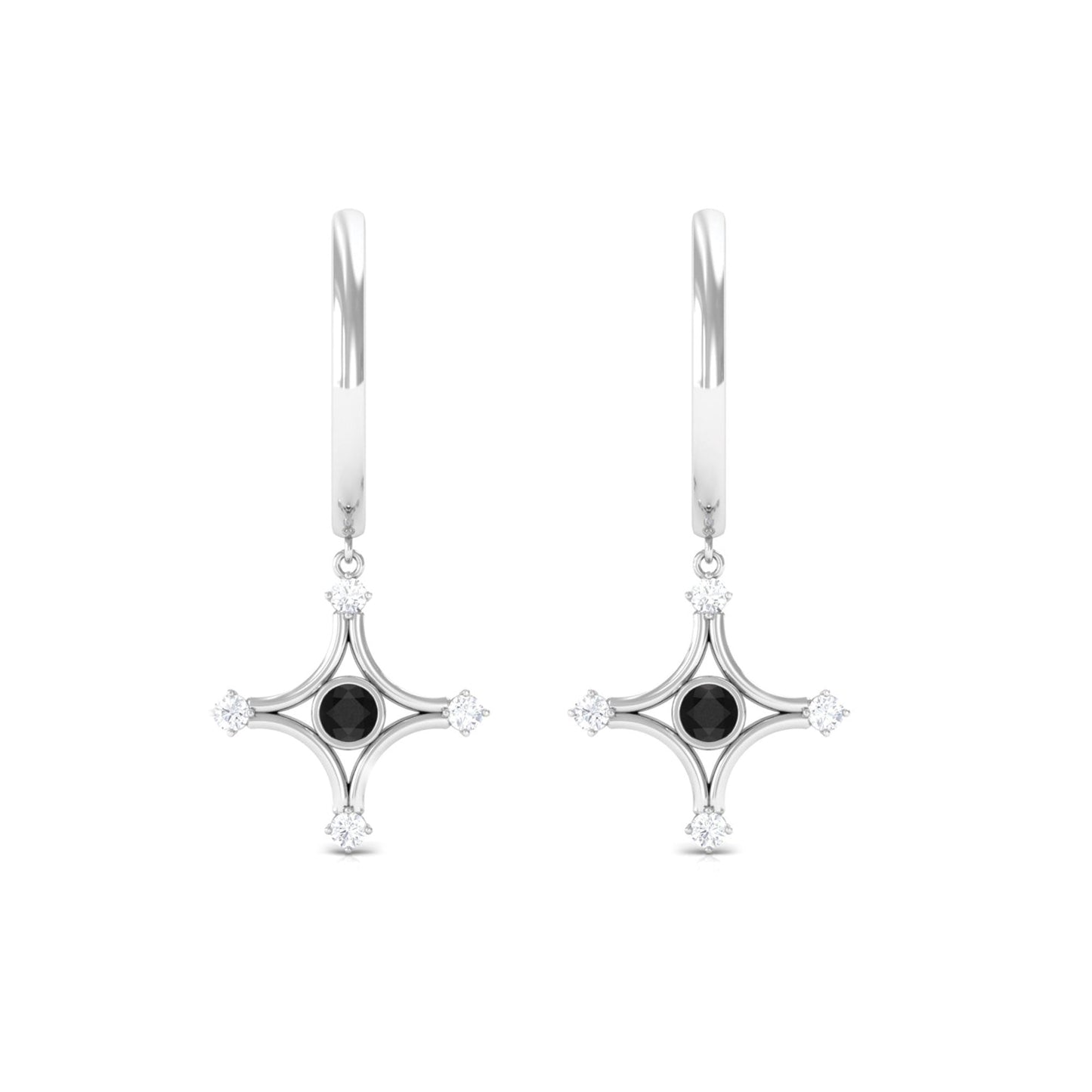 Lab Created Black and White Diamond Star Dangle Hoop Earrings
