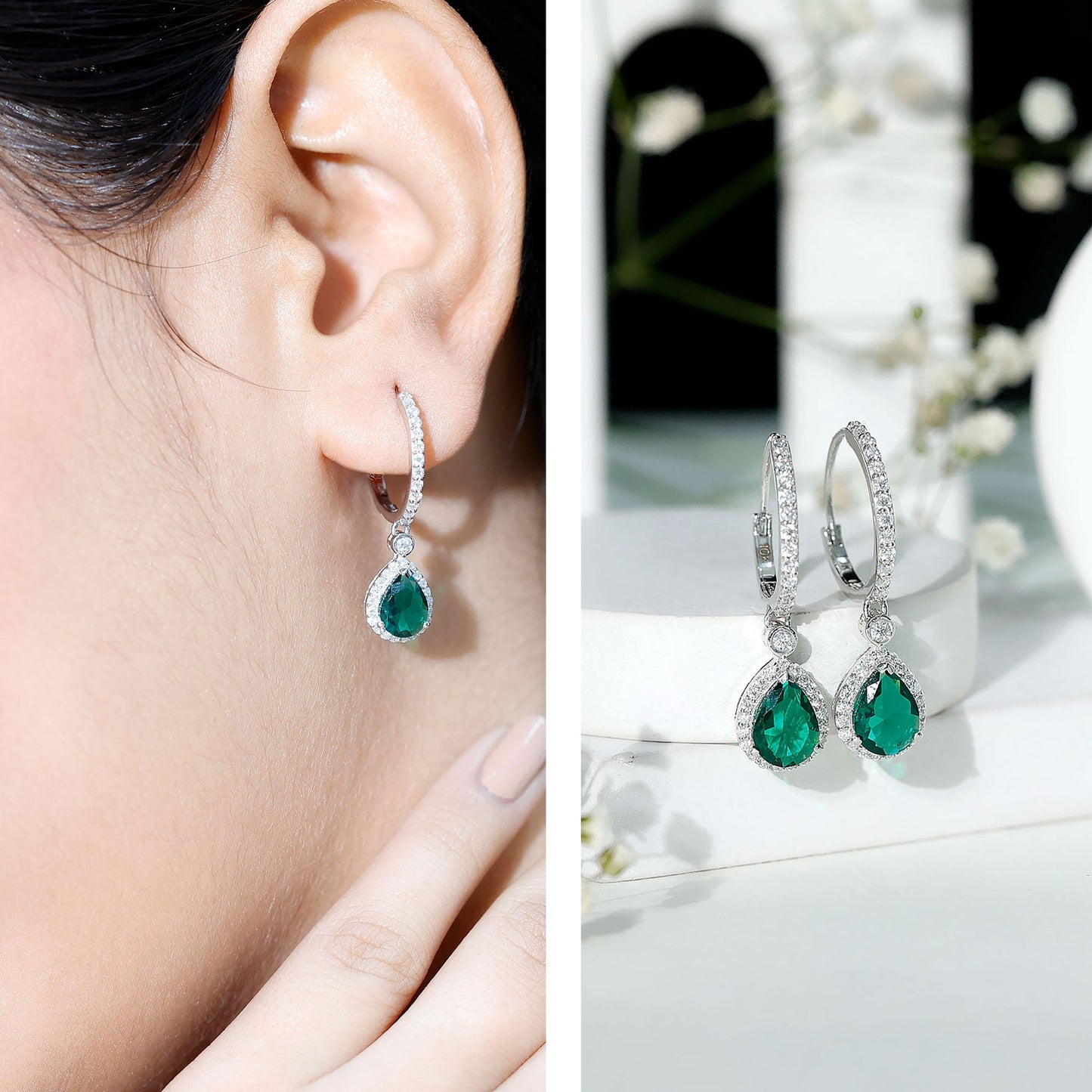 Lab Grown Emerald Hoop Drop Earrings With Moissanite Halo