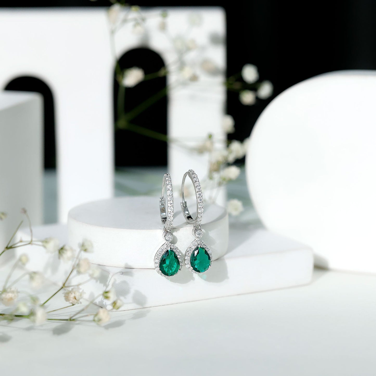 Lab Grown Emerald Hoop Drop Earrings With Moissanite Halo