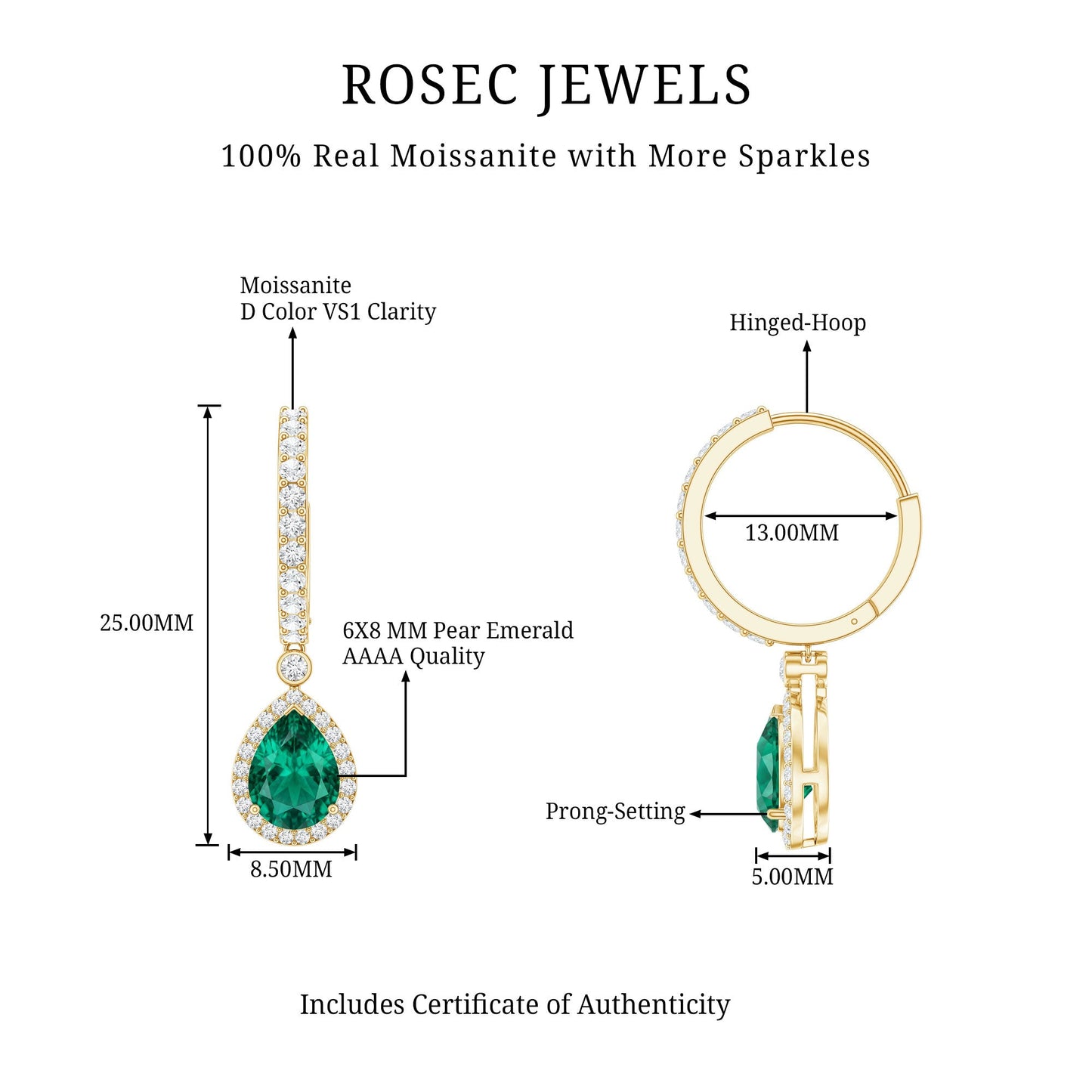 Lab Grown Emerald Hoop Drop Earrings With Moissanite Halo