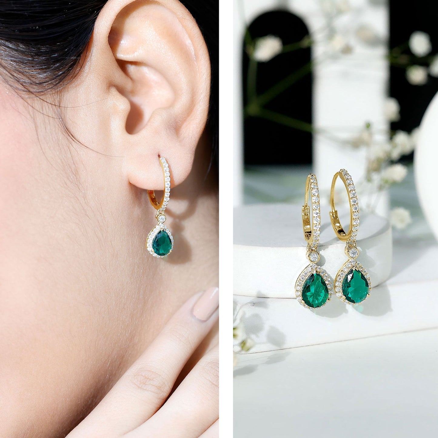 Lab Grown Emerald Hoop Drop Earrings With Moissanite Halo