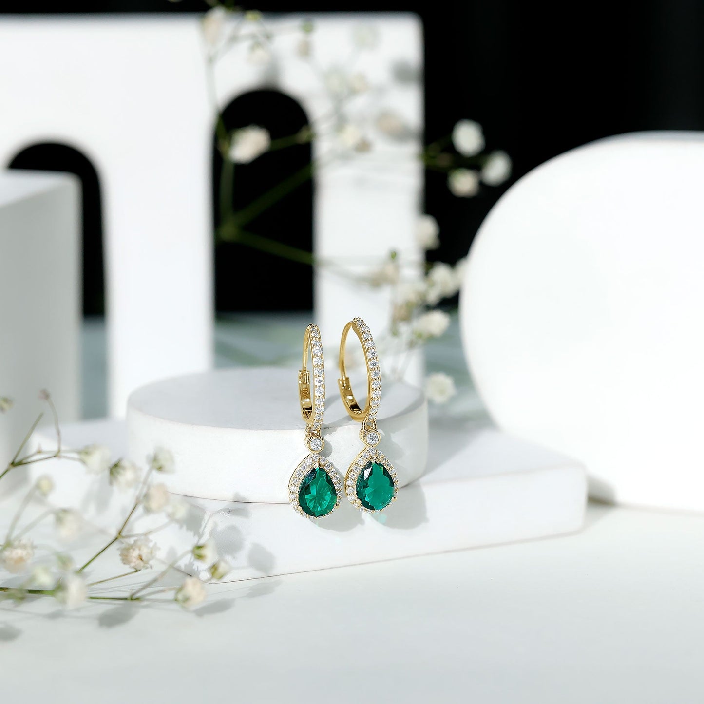 Lab Grown Emerald Hoop Drop Earrings With Moissanite Halo