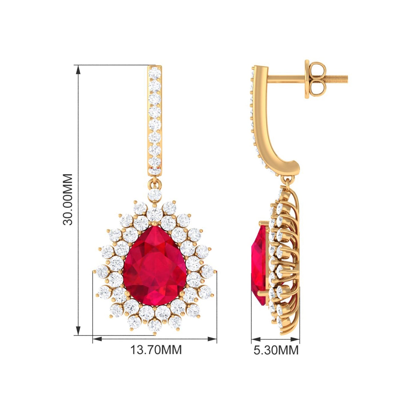 Pear Cut Lab Created Ruby Hoop Drop Earring with Moissanite Halo