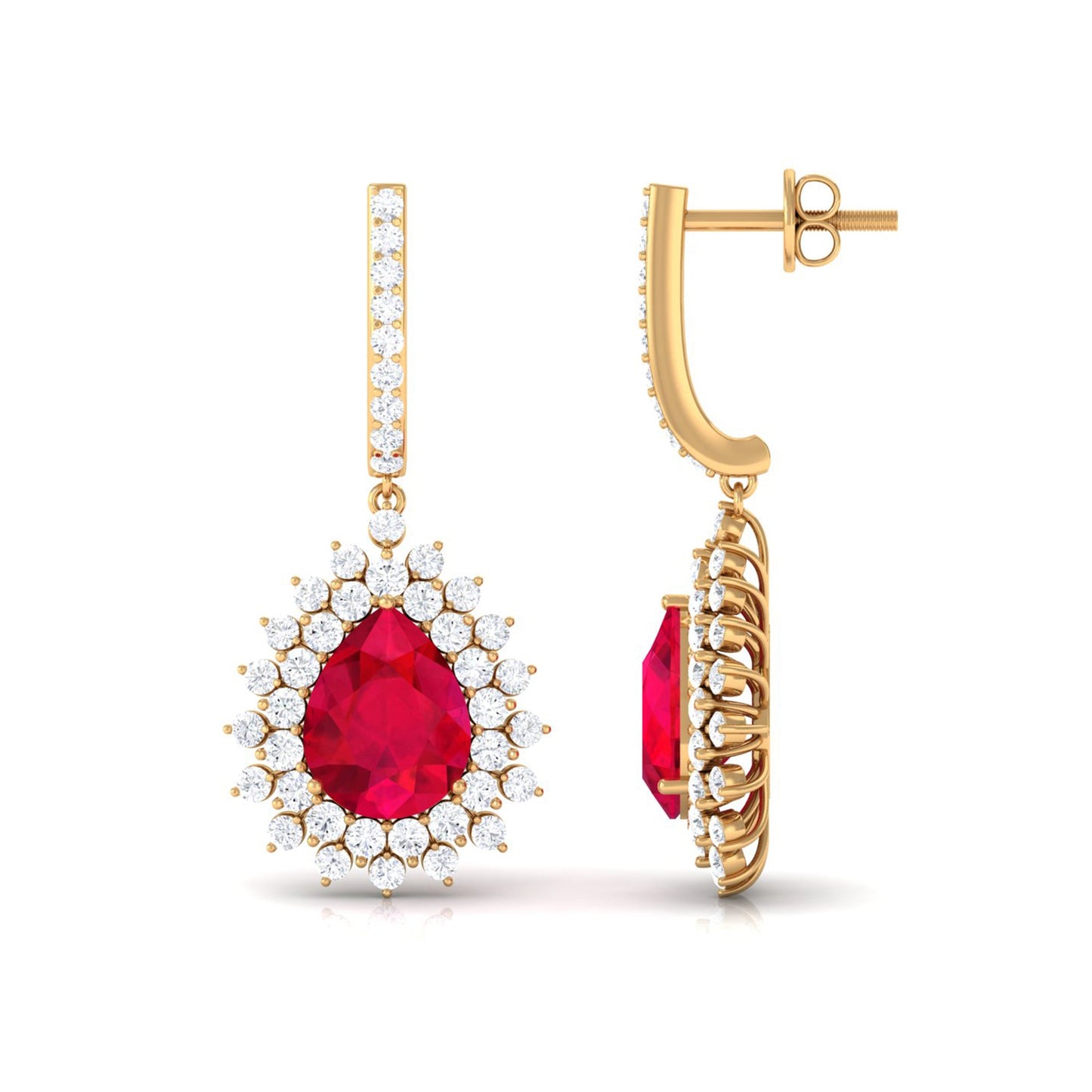 Pear Cut Lab Created Ruby Hoop Drop Earring with Moissanite Halo