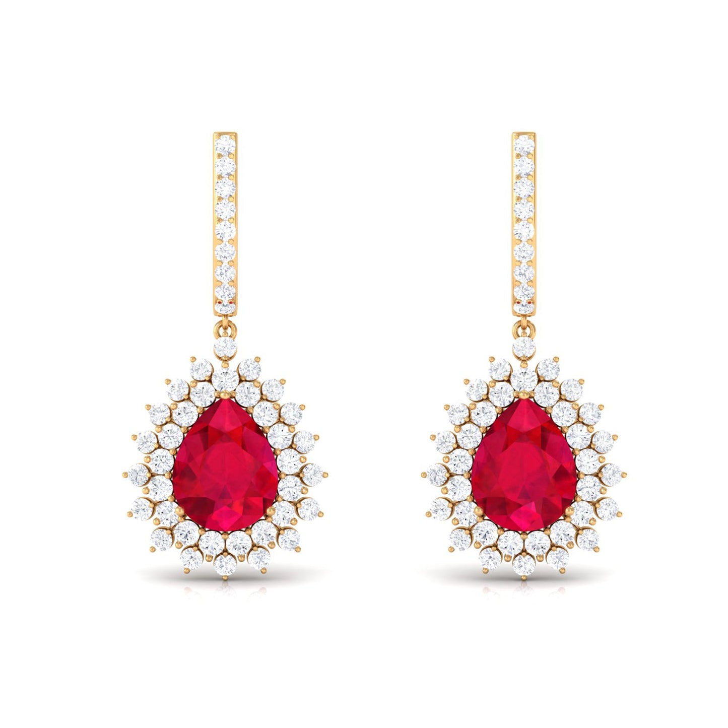 Pear Cut Lab Created Ruby Hoop Drop Earring with Moissanite Halo