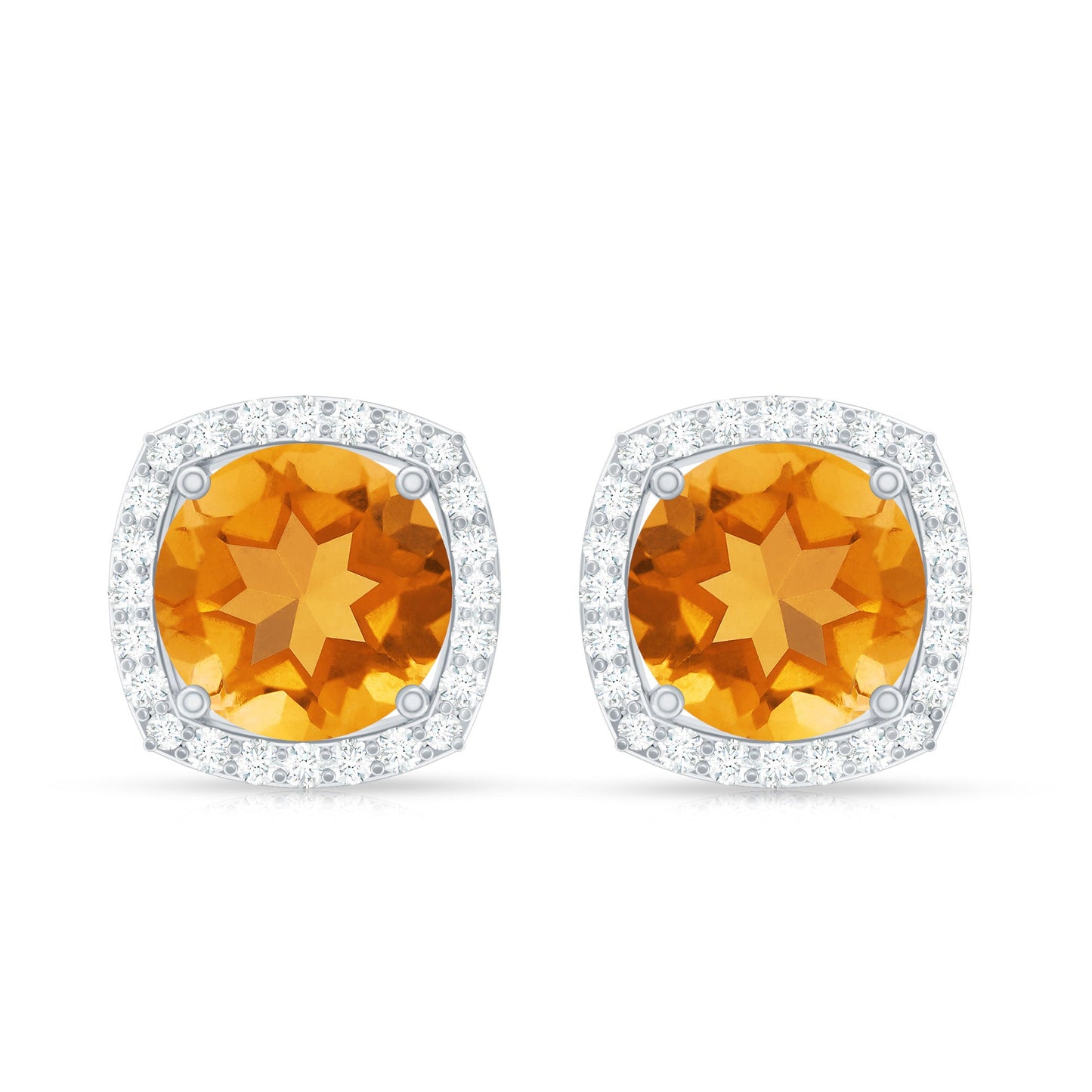 Genuine 2.4 Carat Round Citrine Stud Earrings with Diamond Halo