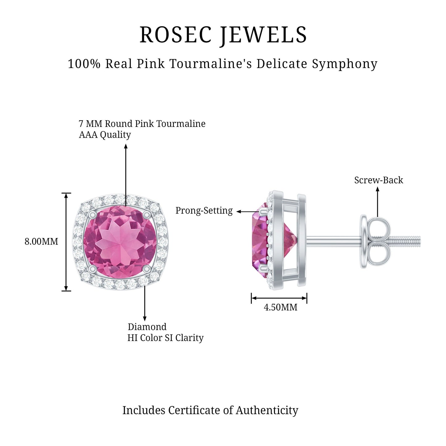 Pink Tourmaline Stud Earrings with Diamond Halo