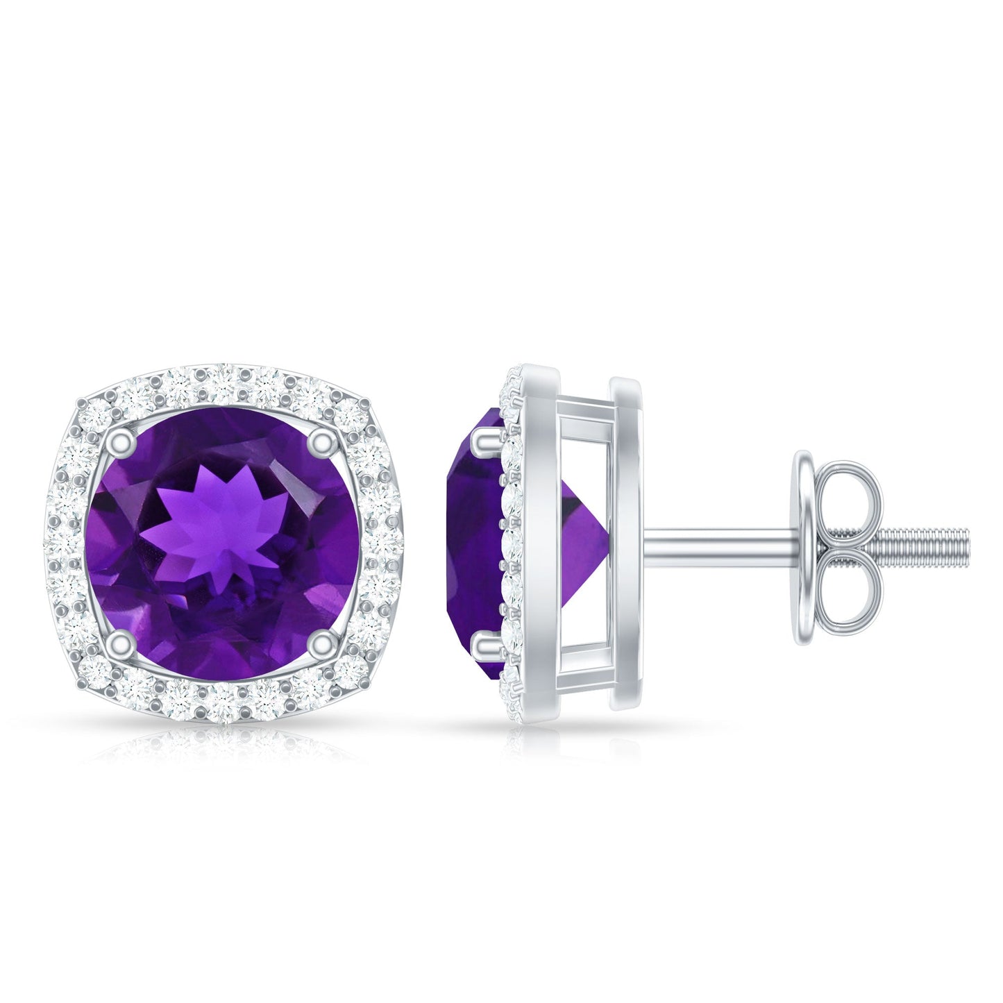 Natural Amethyst Stud Earrings with Diamond Halo