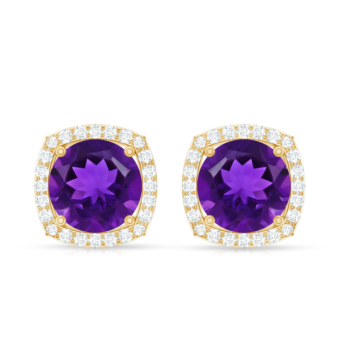 Natural Amethyst Stud Earrings with Diamond Halo