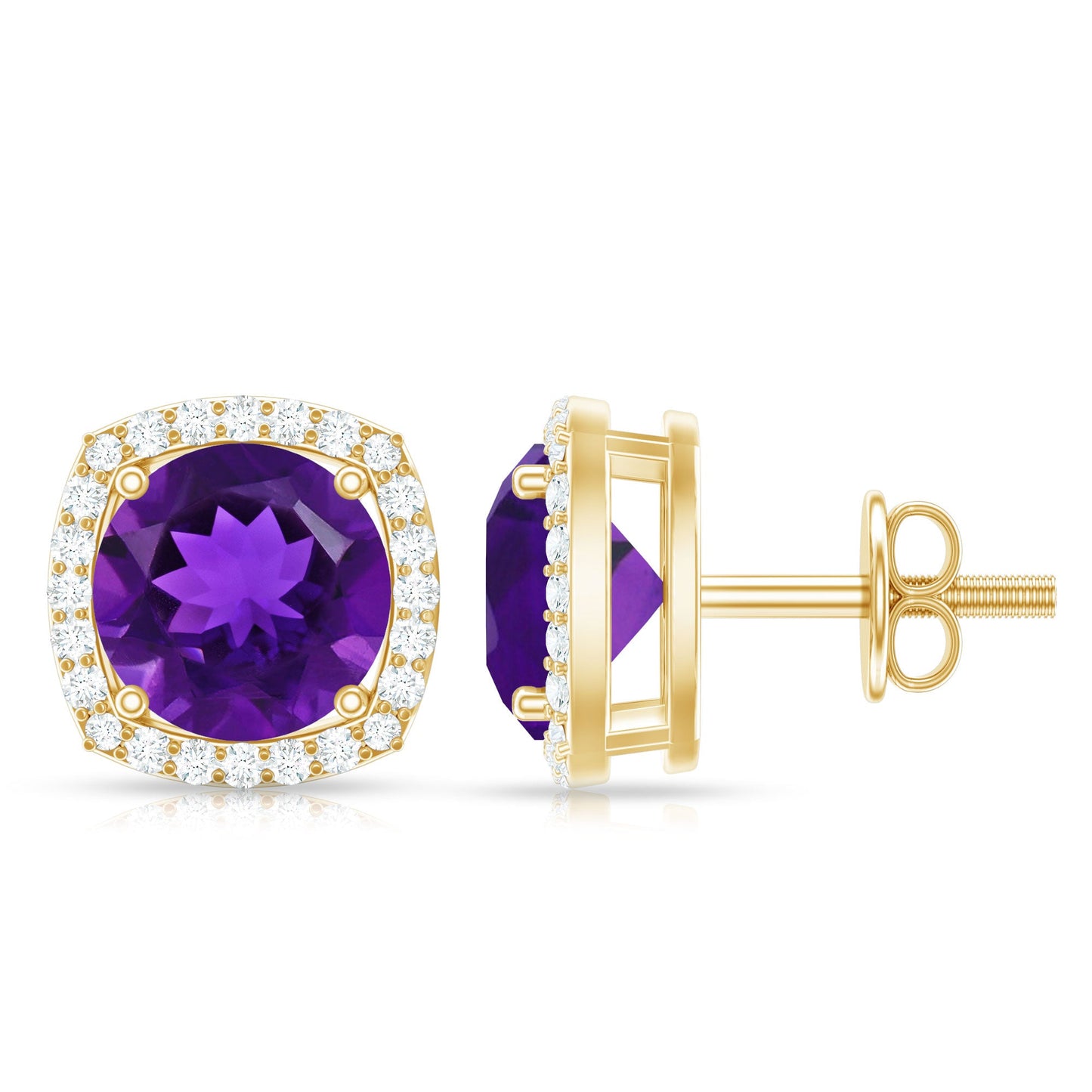 Natural Amethyst Stud Earrings with Diamond Halo