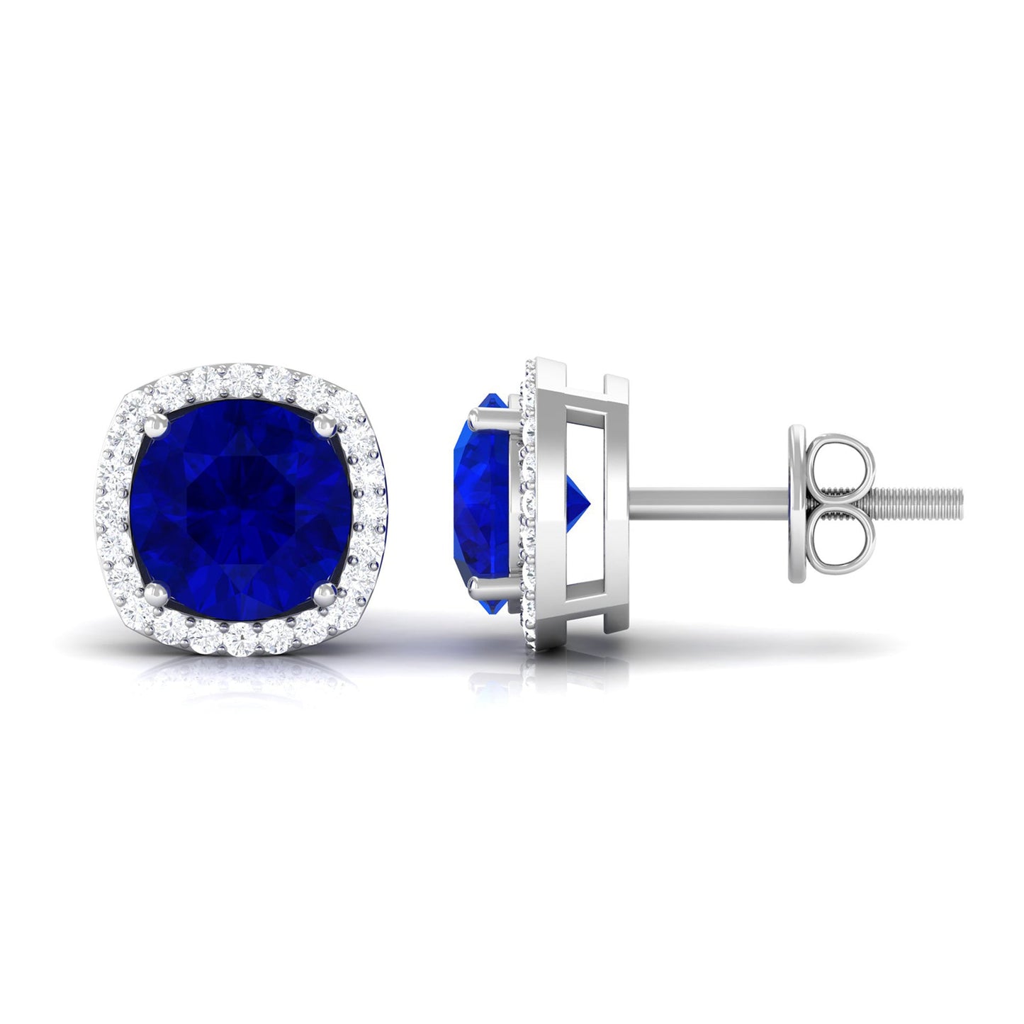 Round Lab Created Blue Sapphire Stud Earrings with Diamond Halo