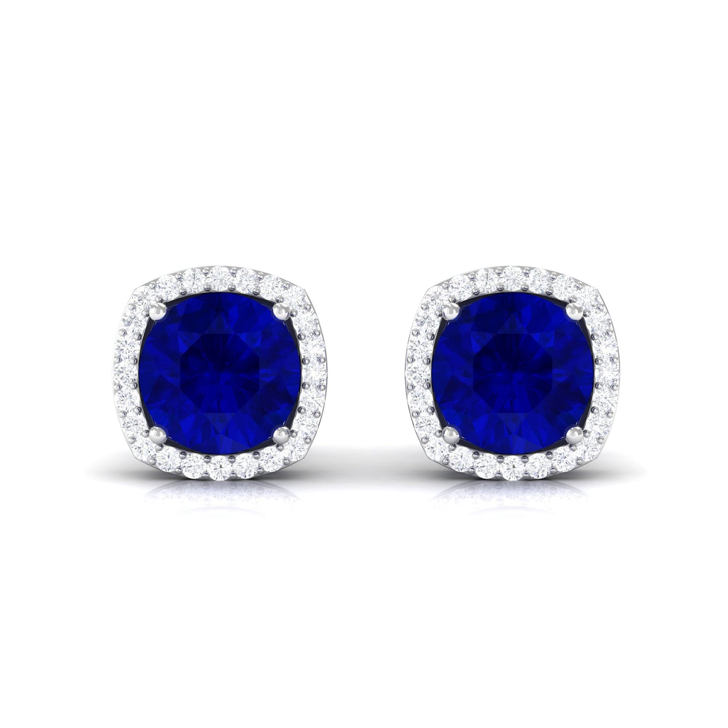 Round Lab Created Blue Sapphire Stud Earrings with Diamond Halo