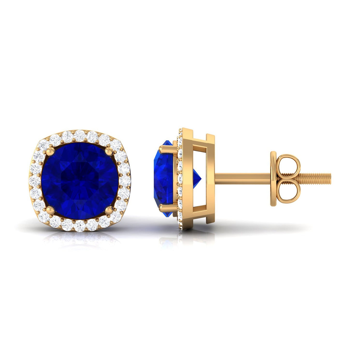 Round Lab Created Blue Sapphire Stud Earrings with Diamond Halo