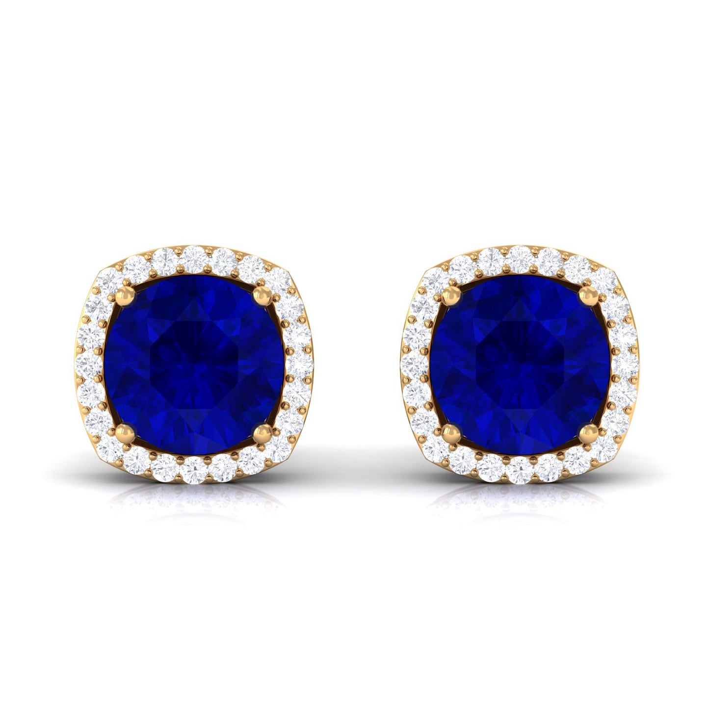 Round Lab Created Blue Sapphire Stud Earrings with Diamond Halo