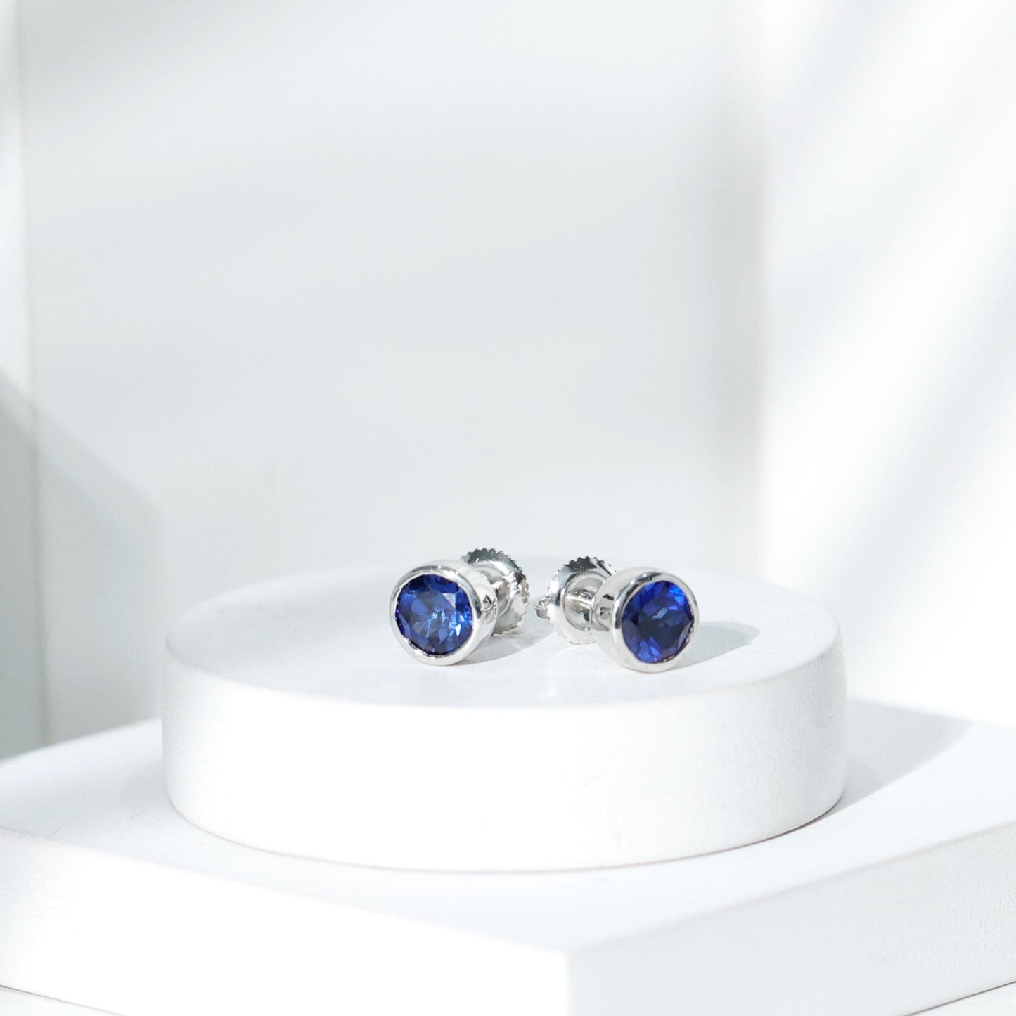 2 Carat Round Lab Created Blue Sapphire Stud Earrings in Bezel Setting